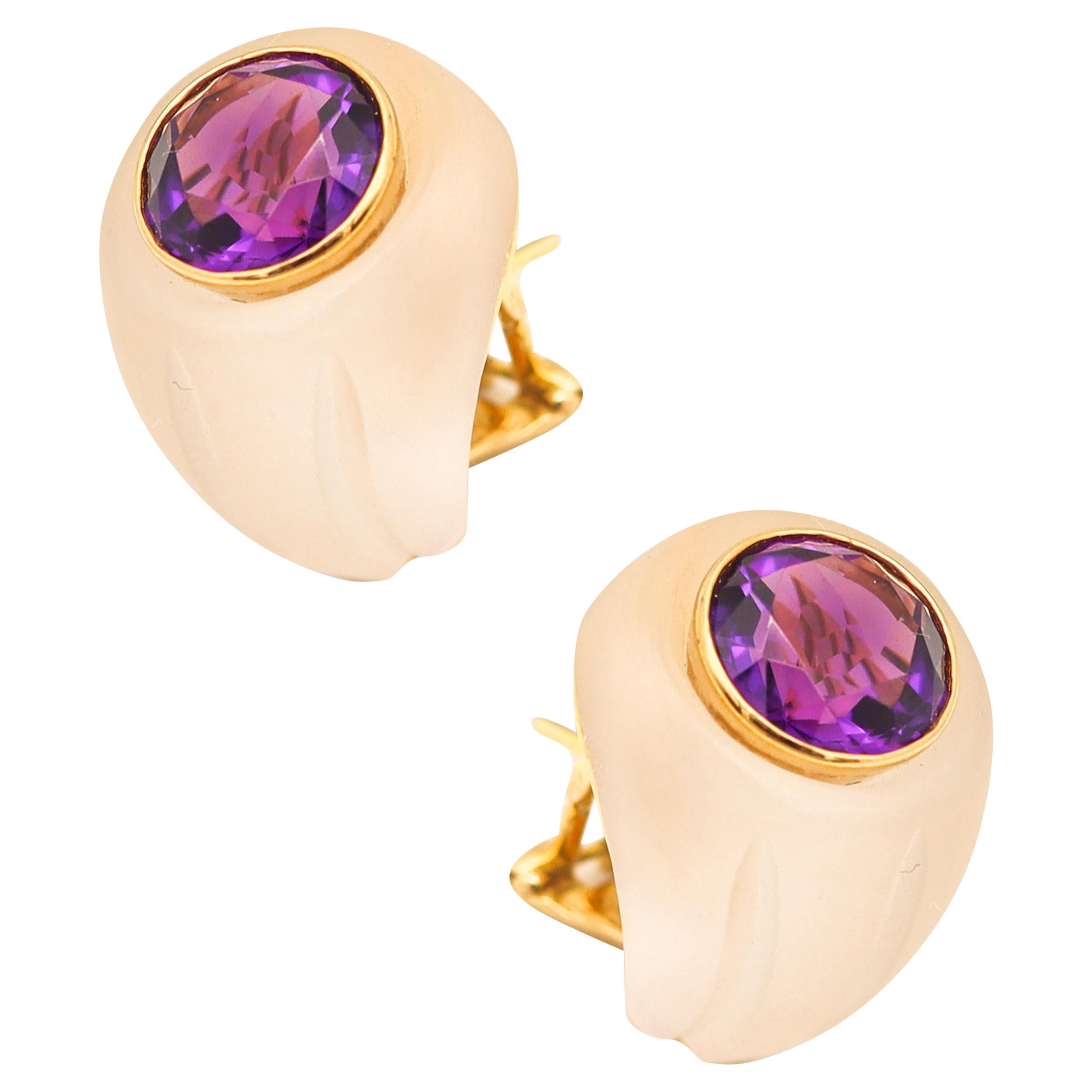 PETOCHI Rock Quartz Clips-On Earrings In 18Kt Yellow Gold With Round Amethysts