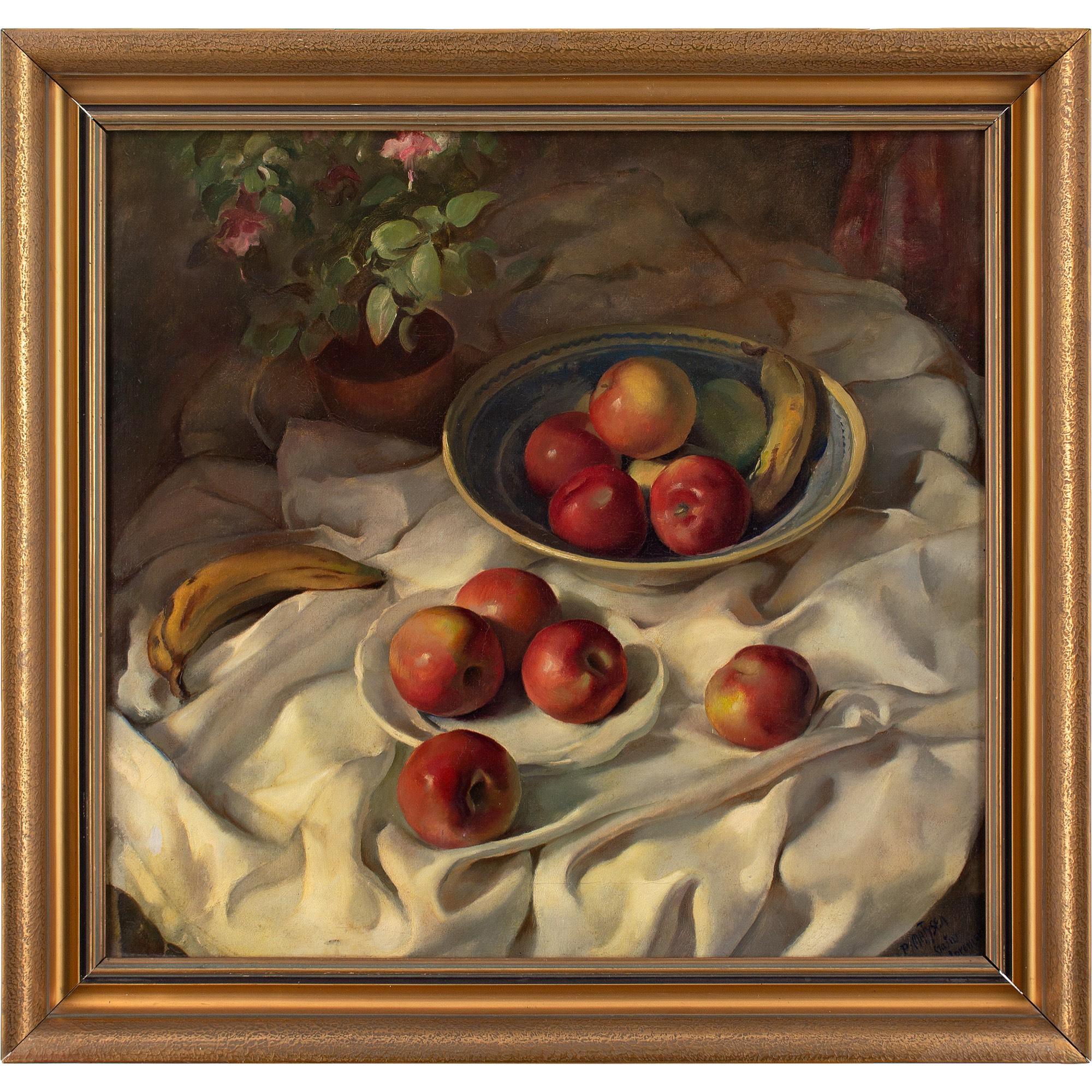 This fine early 20th-century oil painting by Czech artist Petr Matýsek (1885-1941) depicts apples, bananas and a plant arranged on a tablecloth.

Perspective is such an important component of still-life painting. Traditionally, artists have adopted
