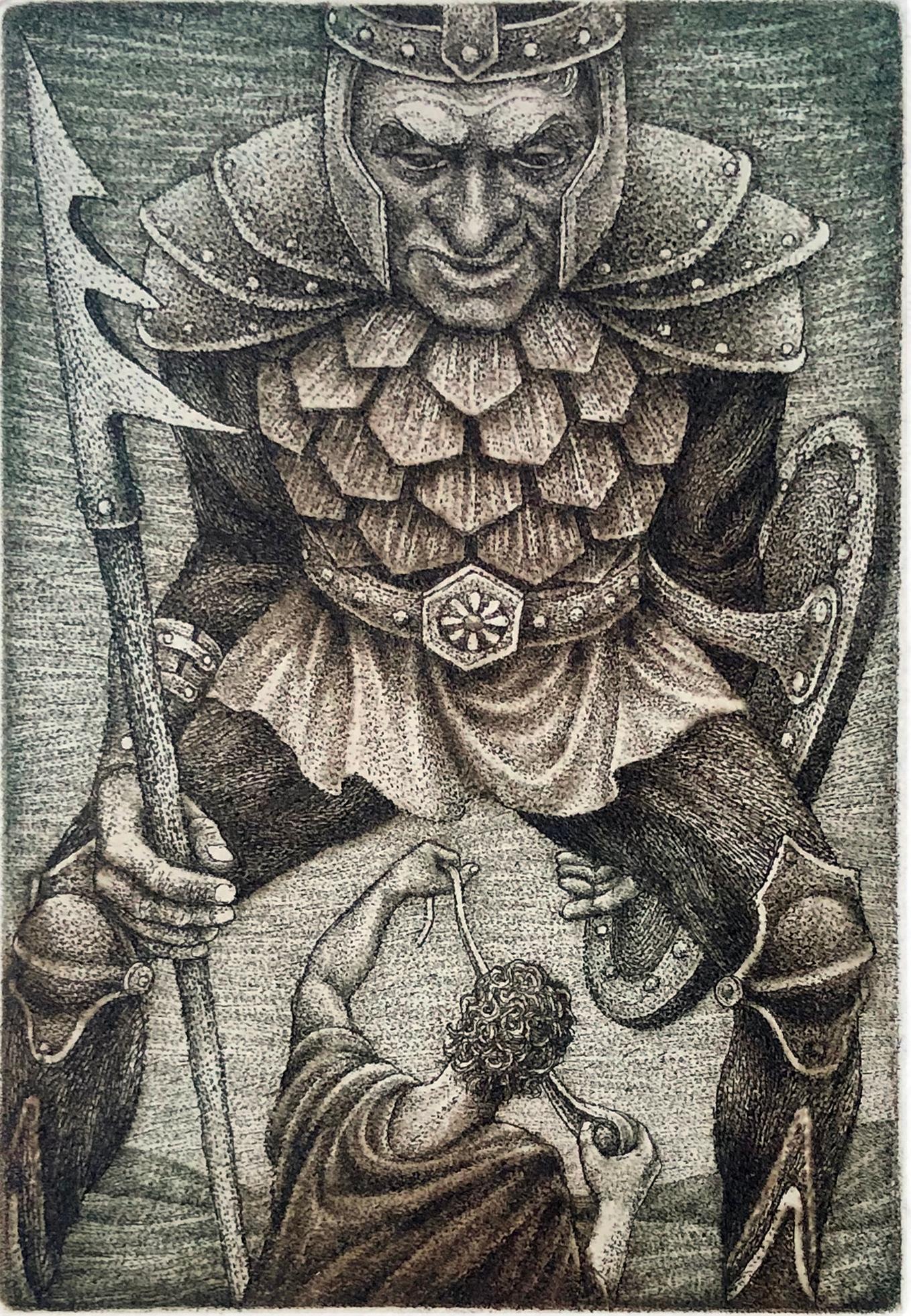 David and Goliath, ex libris print by Petr Melan