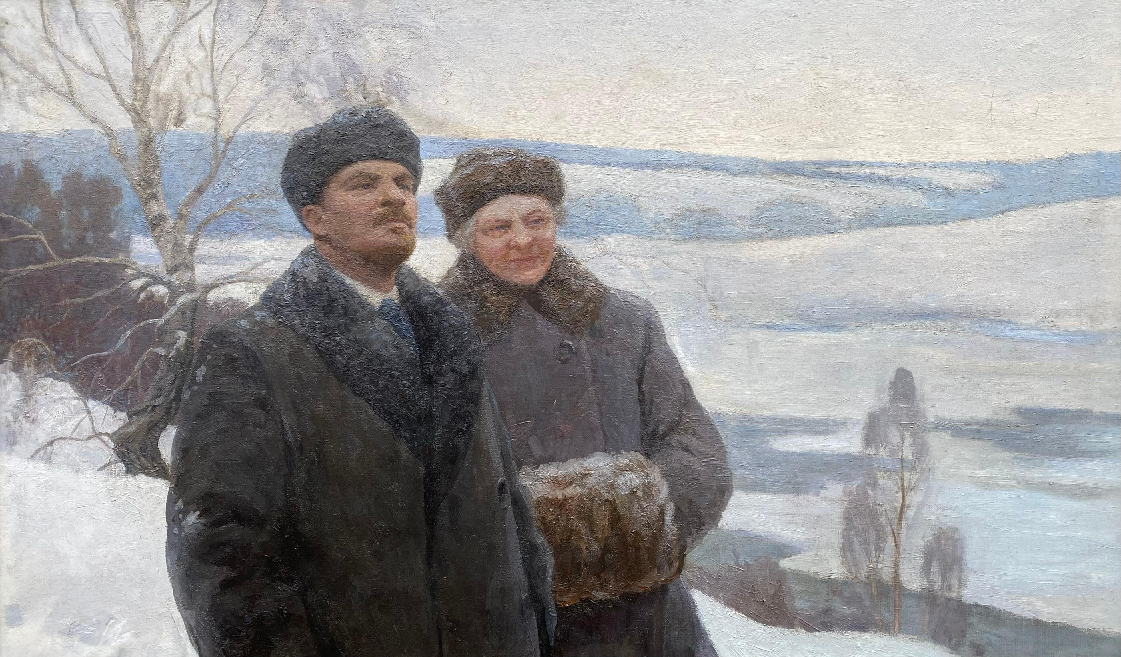 „Lenin und Krupskaya in einer Winterlandschaft“ Petr Malyshev (1909 - Moskow - 1976) – Painting von Petr Nikolaevich Malyshev