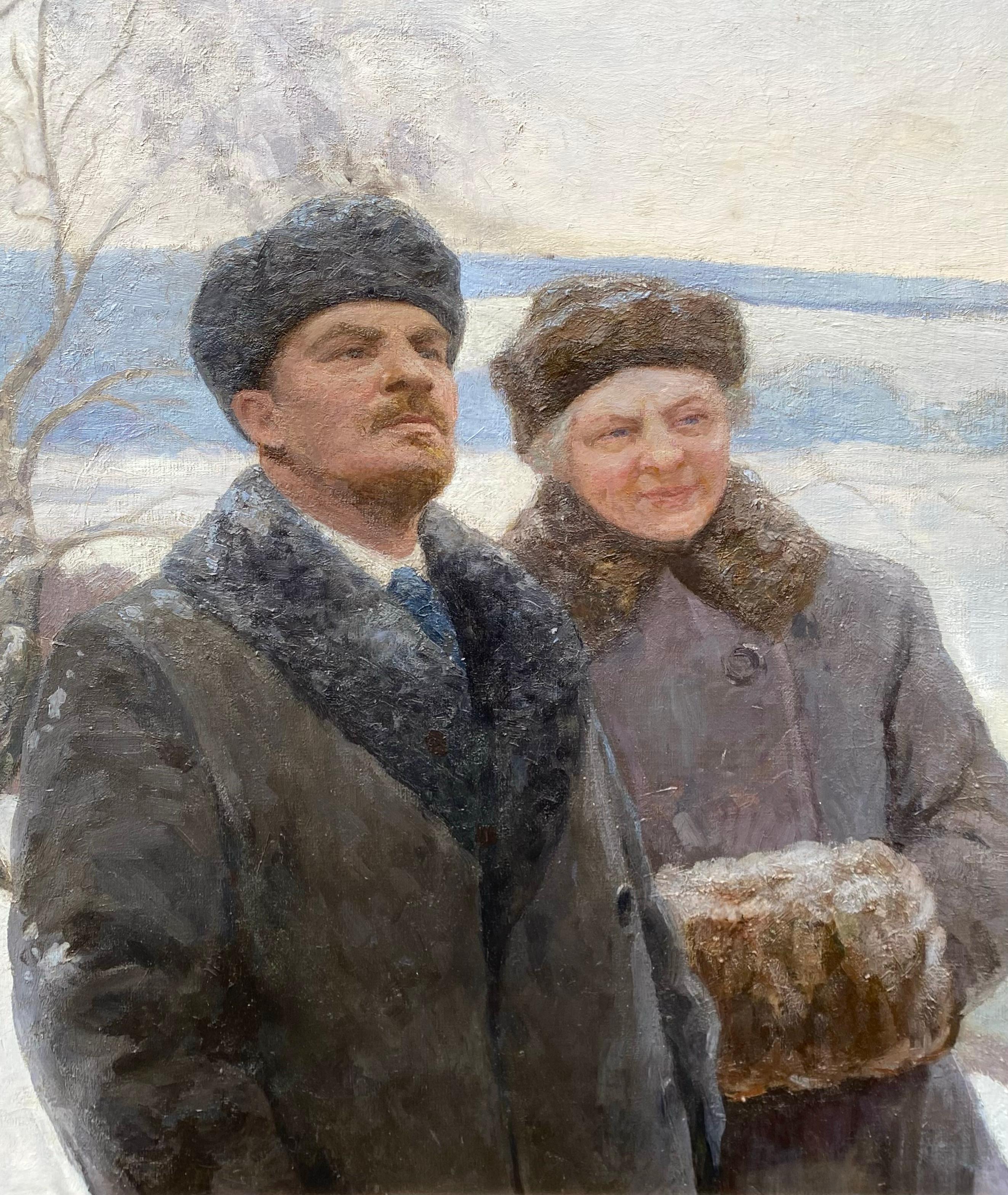 „Lenin und Krupskaya in einer Winterlandschaft“ Petr Malyshev (1909 - Moskow - 1976) (Impressionismus), Painting, von Petr Nikolaevich Malyshev