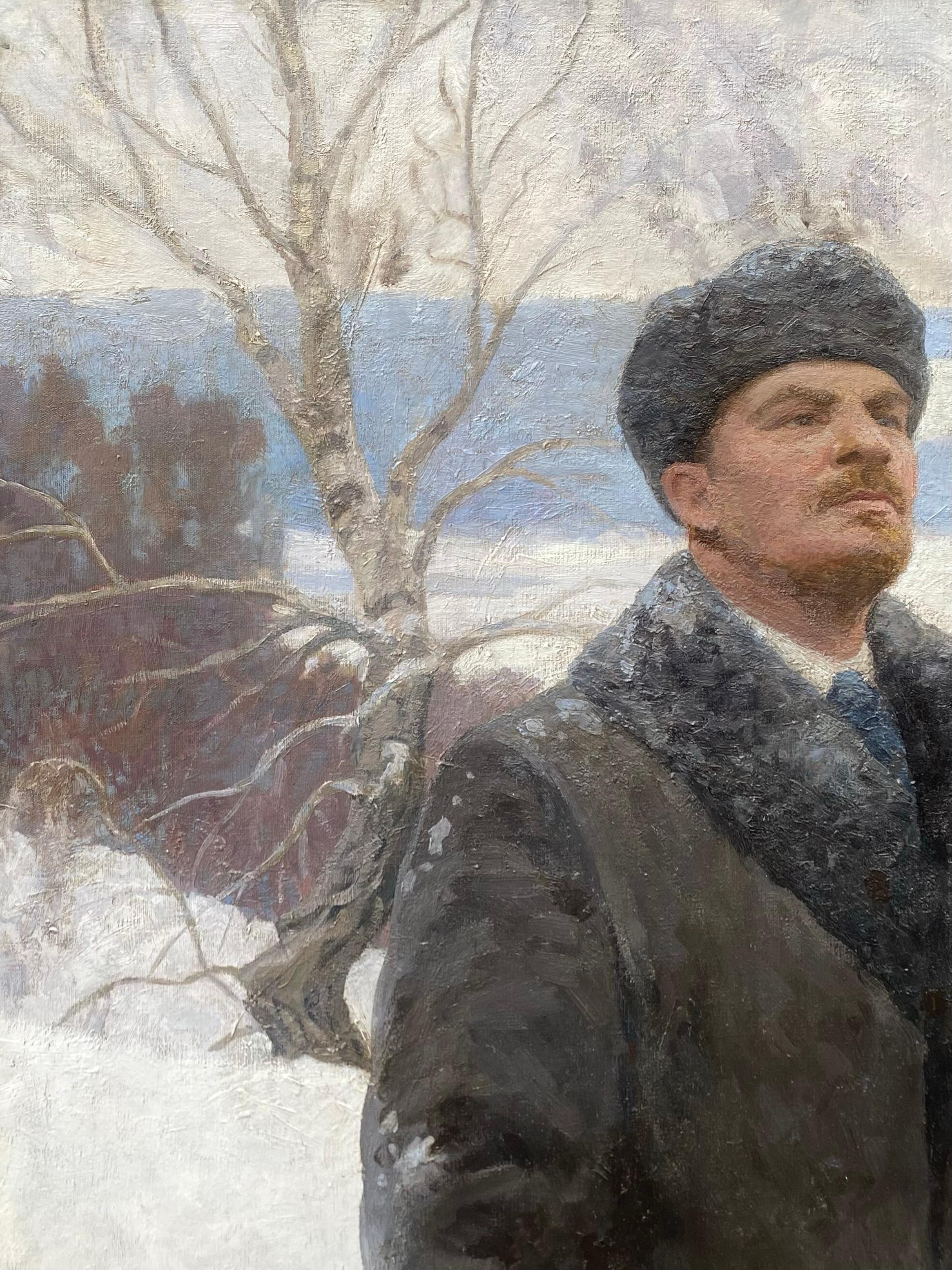 „Lenin und Krupskaya in einer Winterlandschaft“ Petr Malyshev (1909 - Moskow - 1976) (Grau), Landscape Painting, von Petr Nikolaevich Malyshev