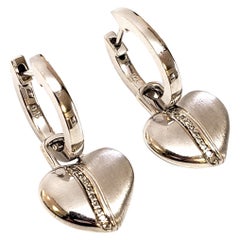 Vintage Petra Azar Strl Silver Hoop Earrings with Diamond Heart Dangle Pendants