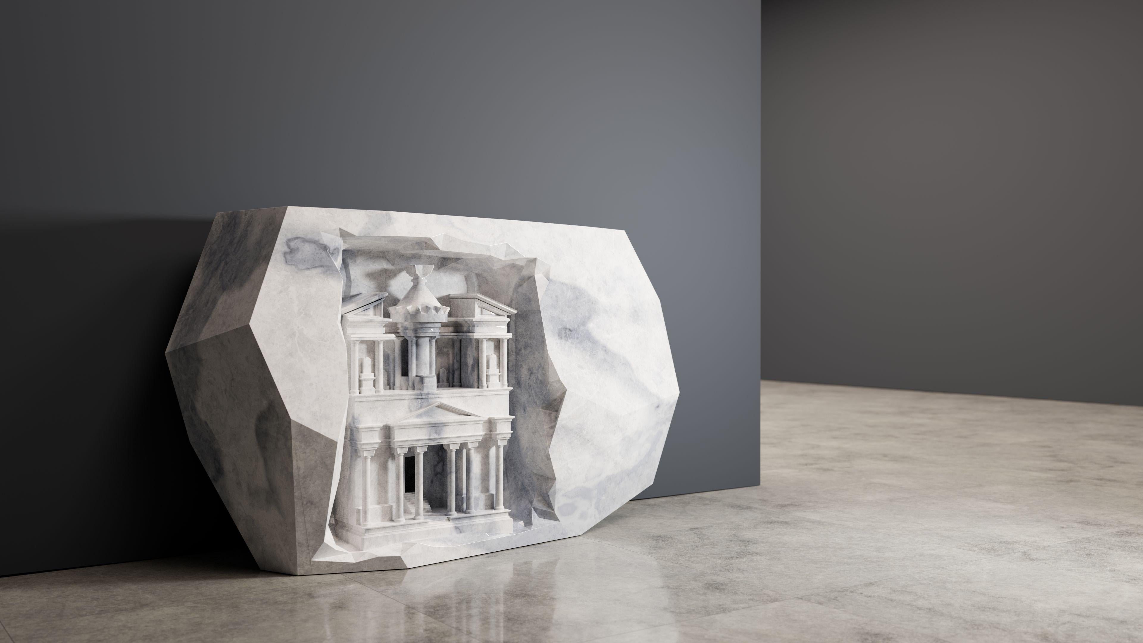 A unique one-off marble console table edition of the Civilization table from British designer Christopher Duffy.  This unique marble console table is based on the original 'Petra' design and brought to life using luxurious Emperador marble