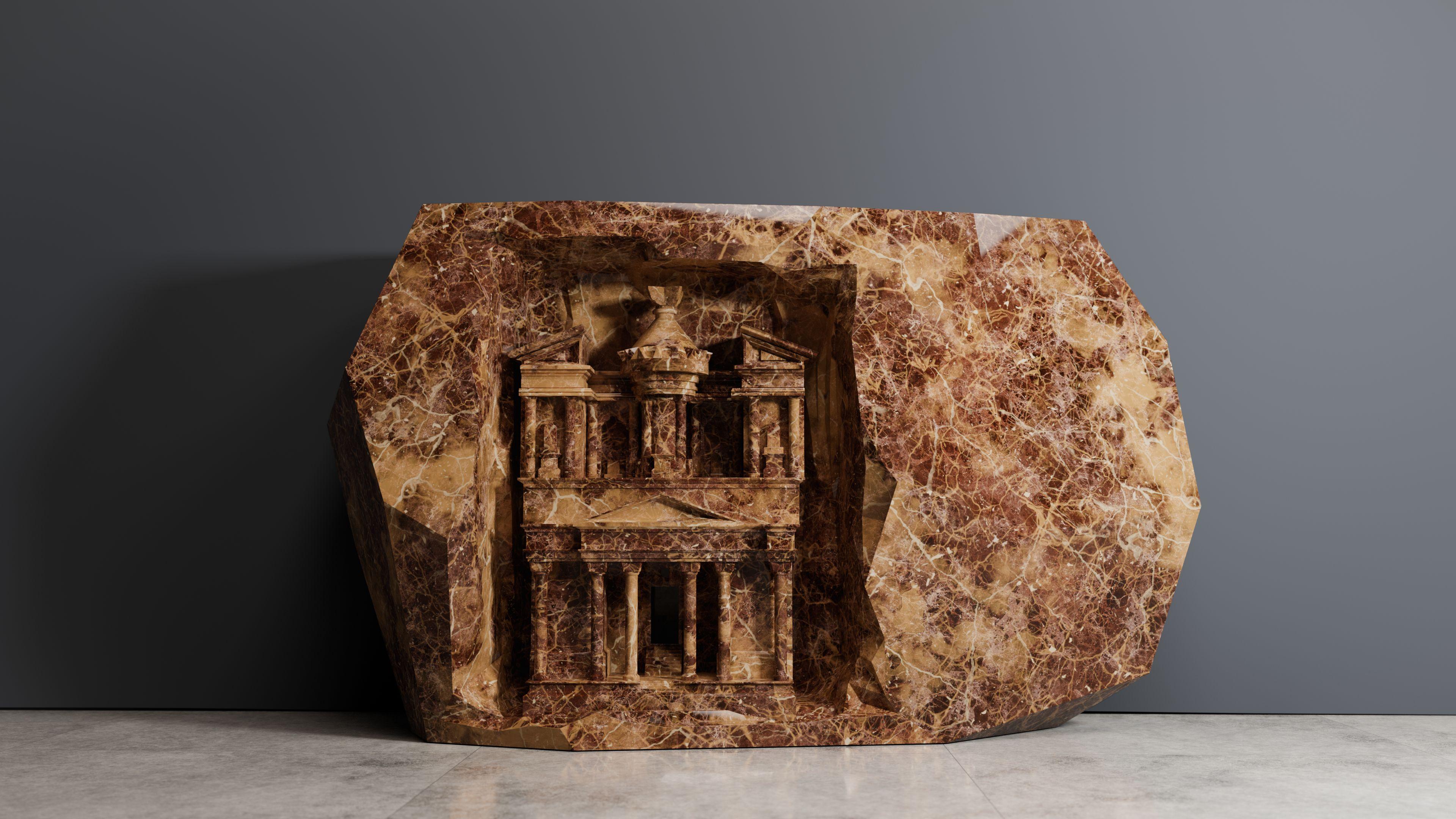Britannique Table console sur mesure en marbre sculpté Emperador en vente
