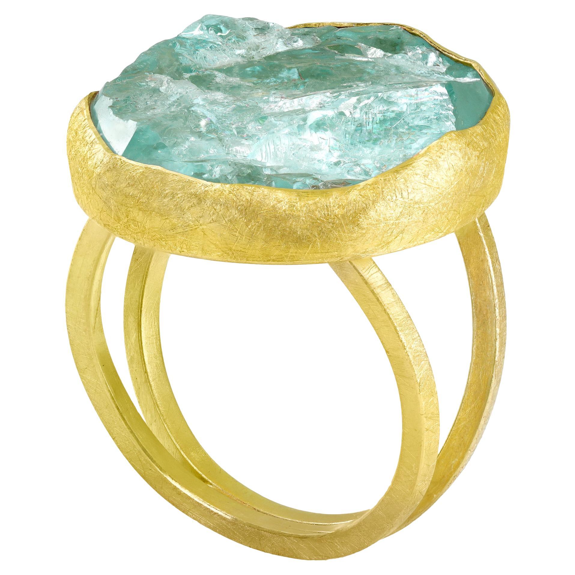 Petra Class 16.70 carat Rough Aquamarine 22k Yellow Gold One of a Kind Ring