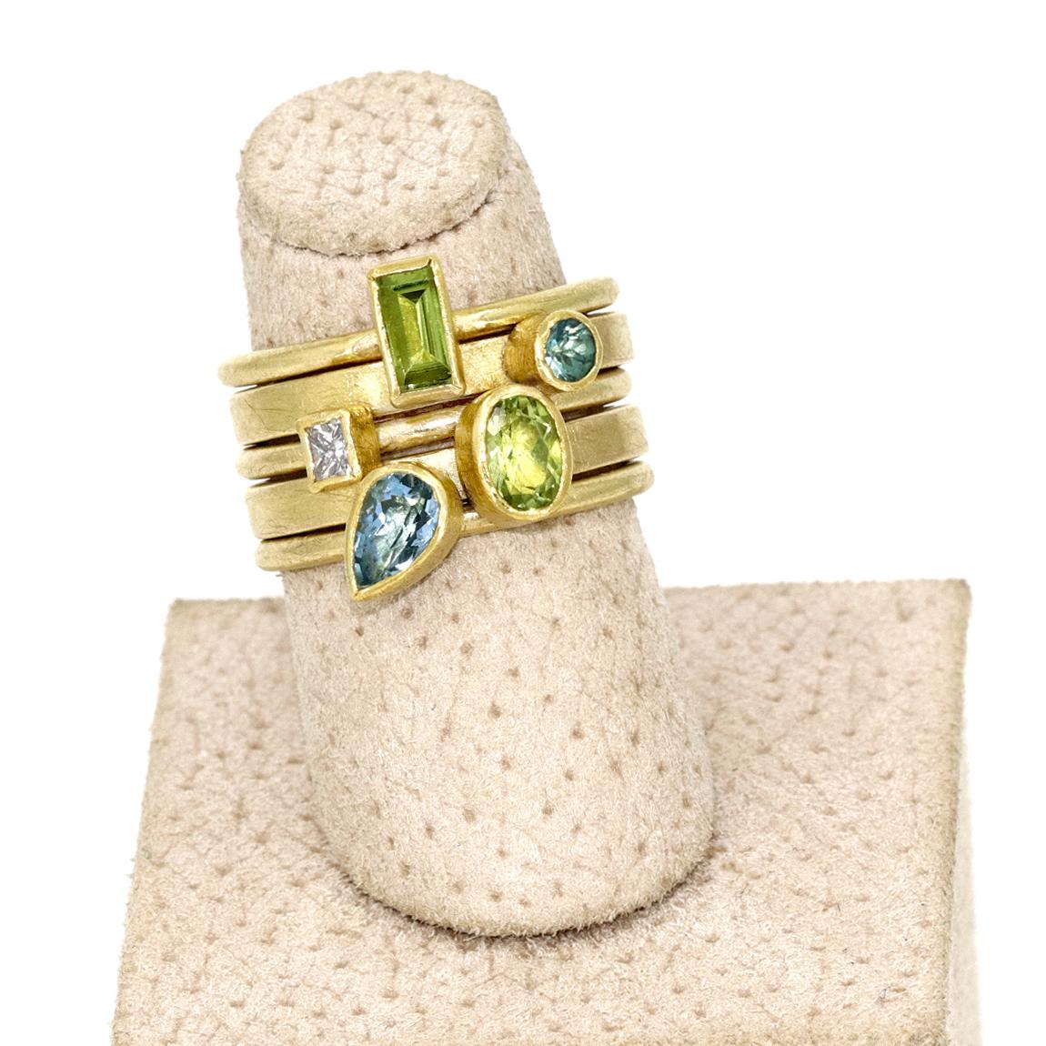 One-of-a-Kind Stacking Ring Set hand-fabricated by jewelry maker Petra Class featuring gorgeous bezel-set gemstones (listed below: left to right) in signature-finished 22k yellow gold atop 18k yellow gold bands. Each ring is a size 5.25 (easily