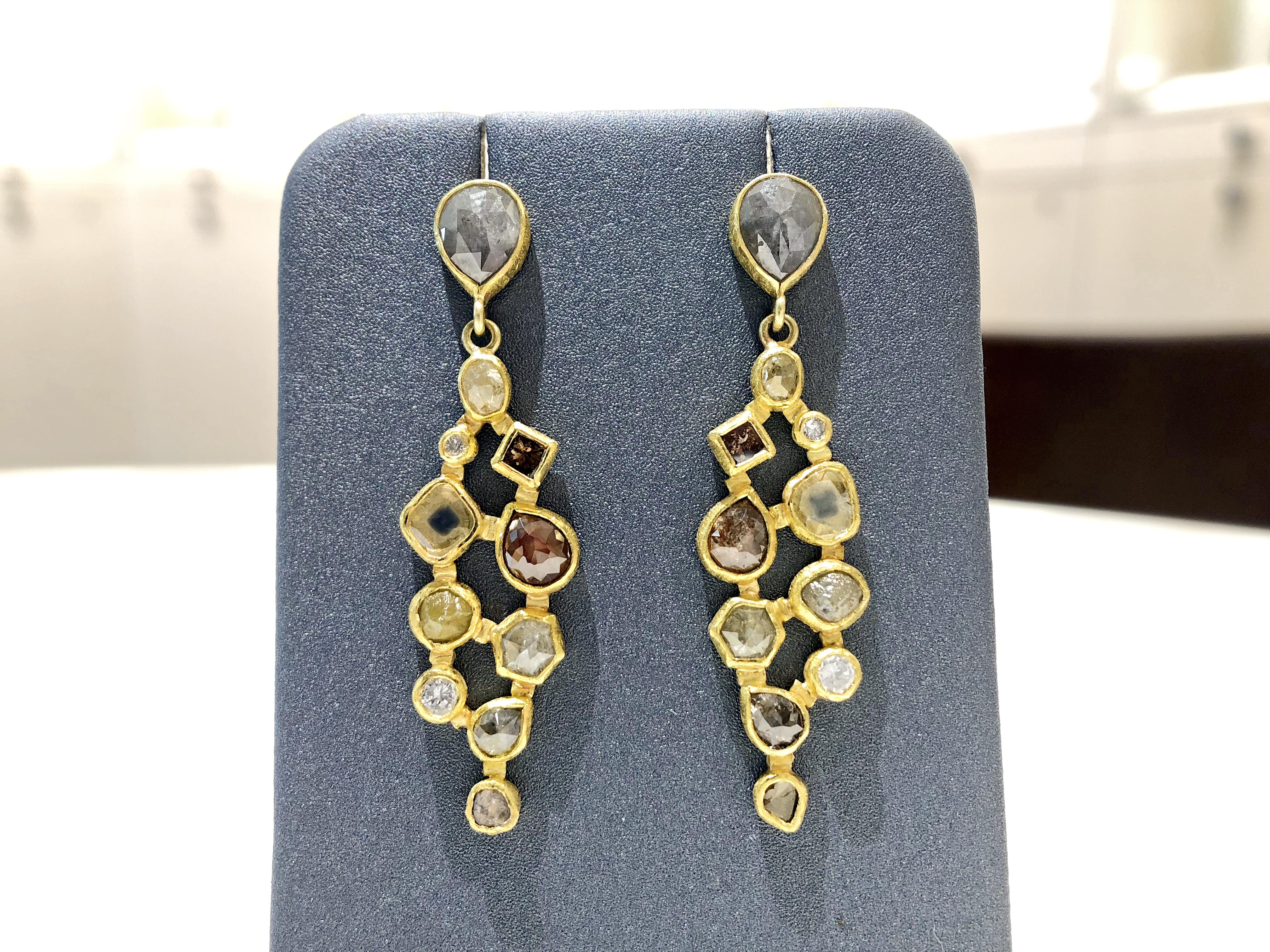Artist Petra Class Assorted Diamond Gold One of a Kind Mosaic Drop Earrings