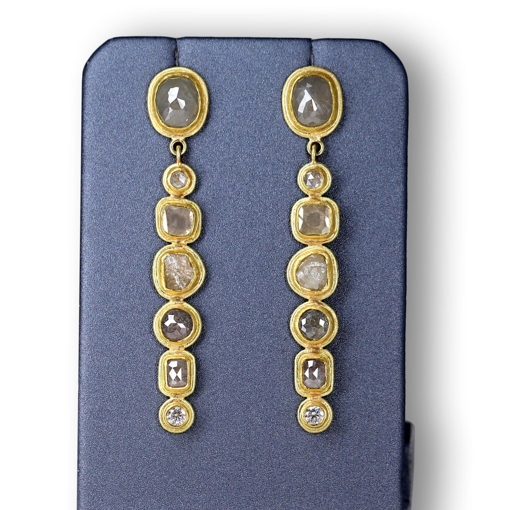 Artist Petra Class Brilliant, Rose-Cut and Raw Diamond Handmade 22k Gold Line Earrings