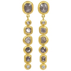 Petra Class Brilliant, Rose-Cut and Raw Diamond Handmade 22k Gold Line Earrings