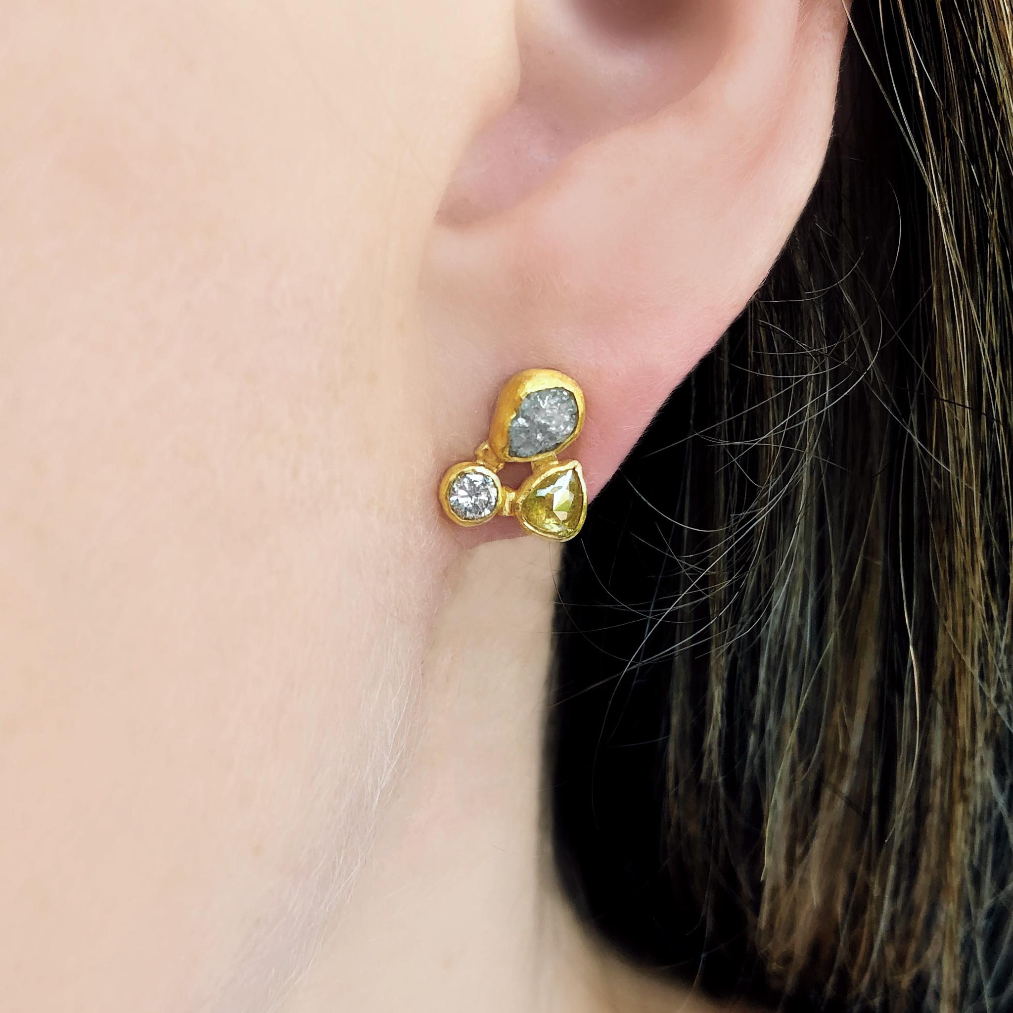 One of a Kind Triple Stud Earrings handcrafted by jewelry maker Petra Class featuring 5.7 total carats of natural round brilliant-cut white diamonds, pear rose-cut champagne diamonds, and silver diamond crystals bezel-set in signature-finished 22k