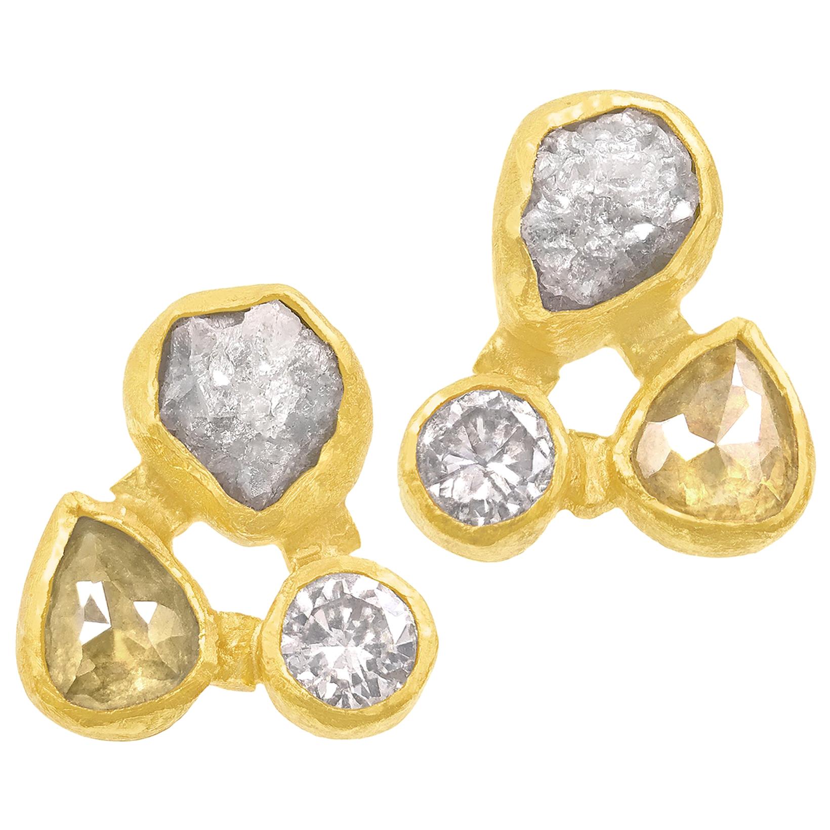 Petra Class Brilliant Rose-Cut and Rough Diamond Gold Triple Stud Earrings