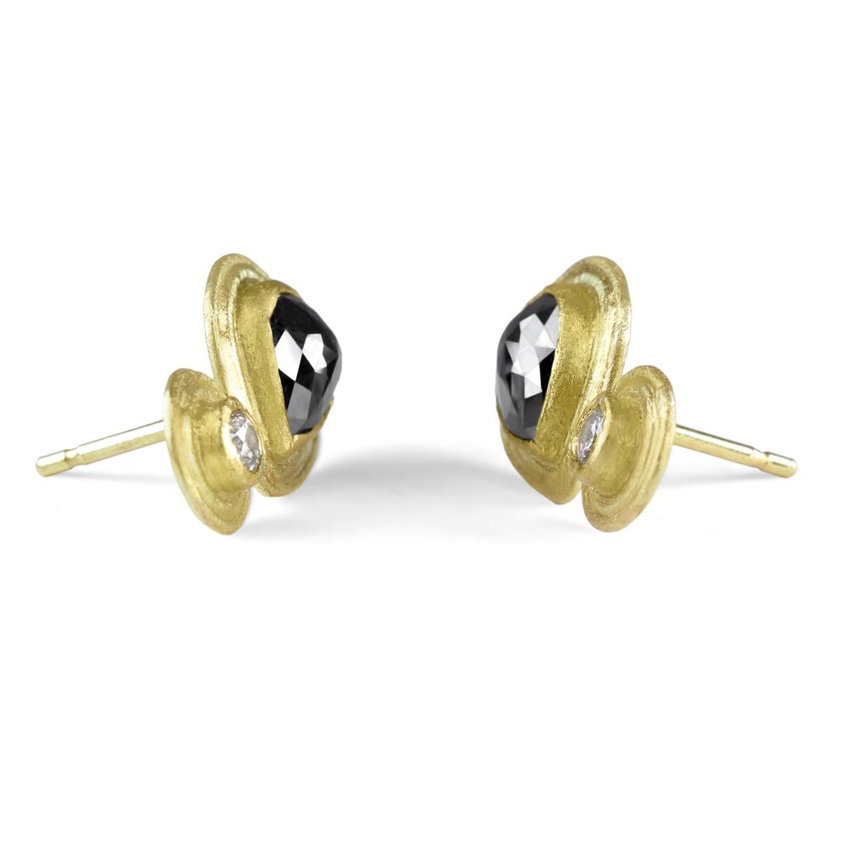 One of a Kind Double Stone Stud Earrings hand-fabricated by jewelry artist Petra Class featuring two rose-cut black diamonds and two 3mm round brilliant-cut white diamonds individually set in the makers signature 22k yellow gold double framed