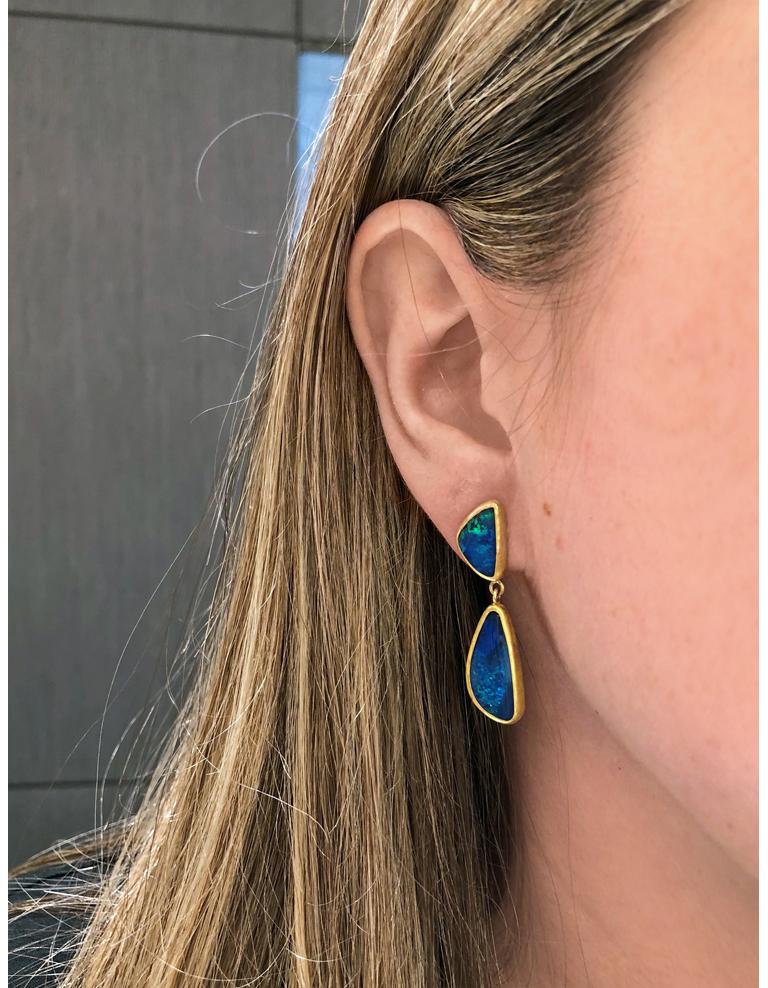 Artist Petra Class Deep Blue Australian Opal Handmade Gold Dangle Drop Earrings