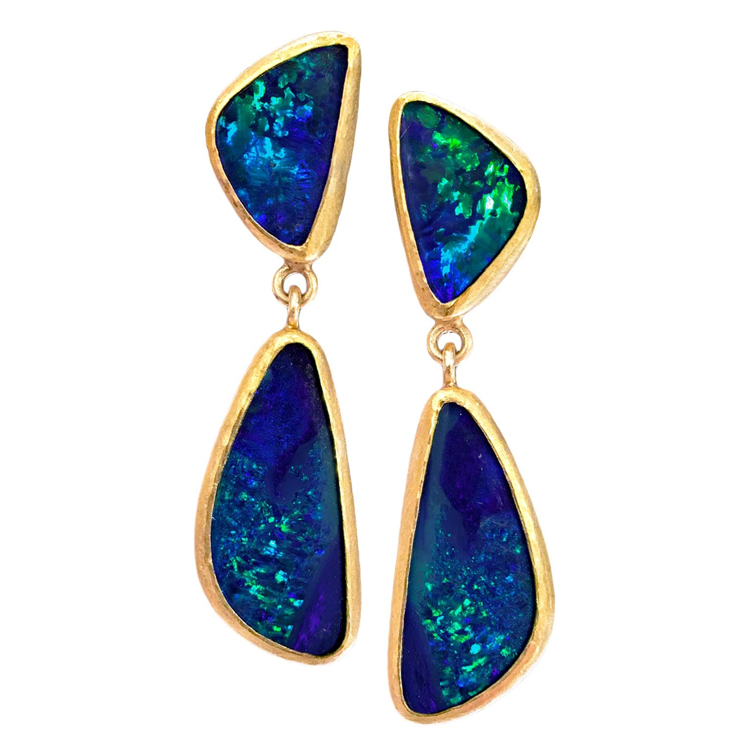 Petra Class Deep Blue Australian Opal Handmade Gold Dangle Drop Earrings