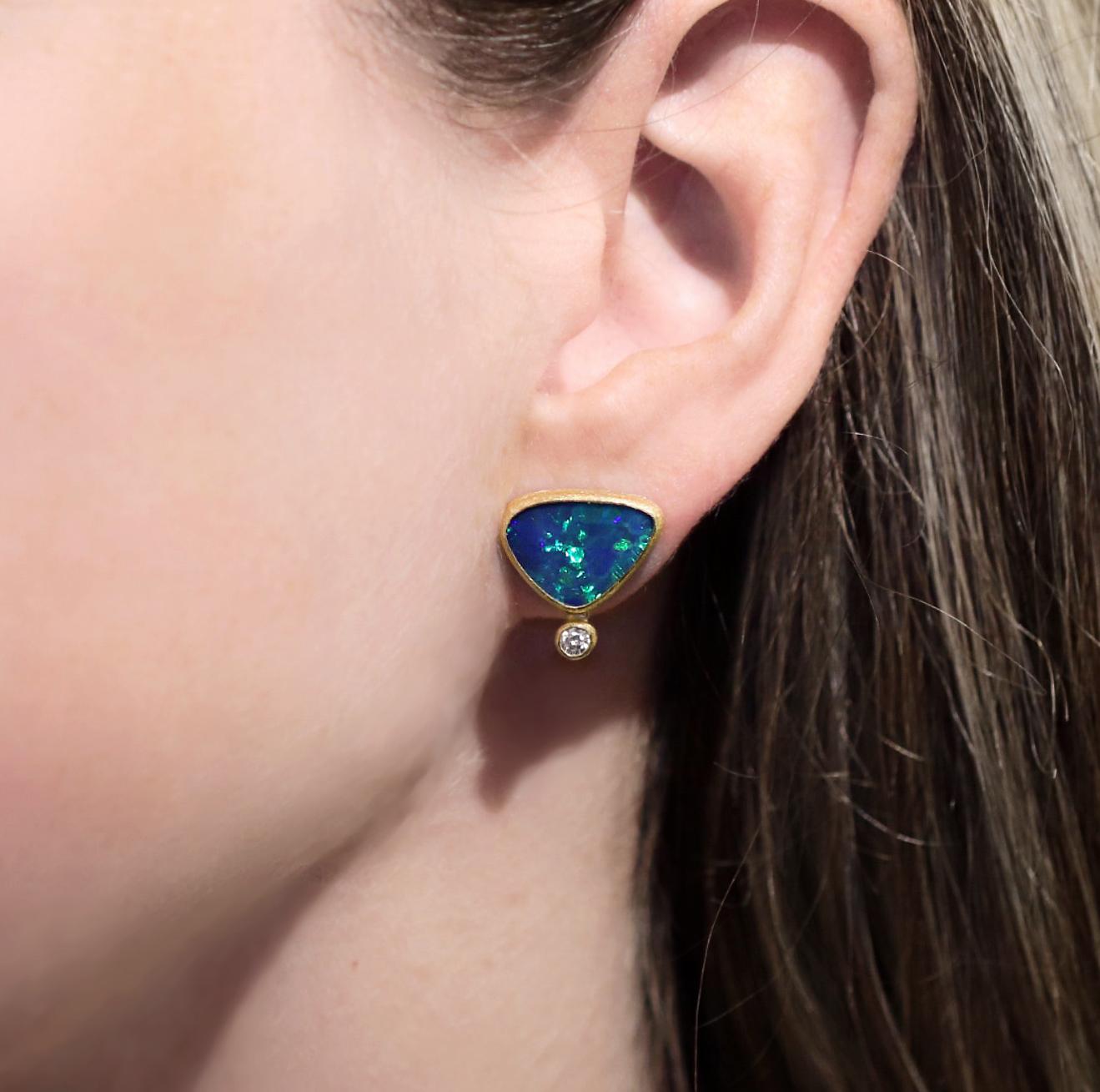 Contemporary Petra Class Electric Flash Australian Opal Doublet Diamond Gold Stud Earrings