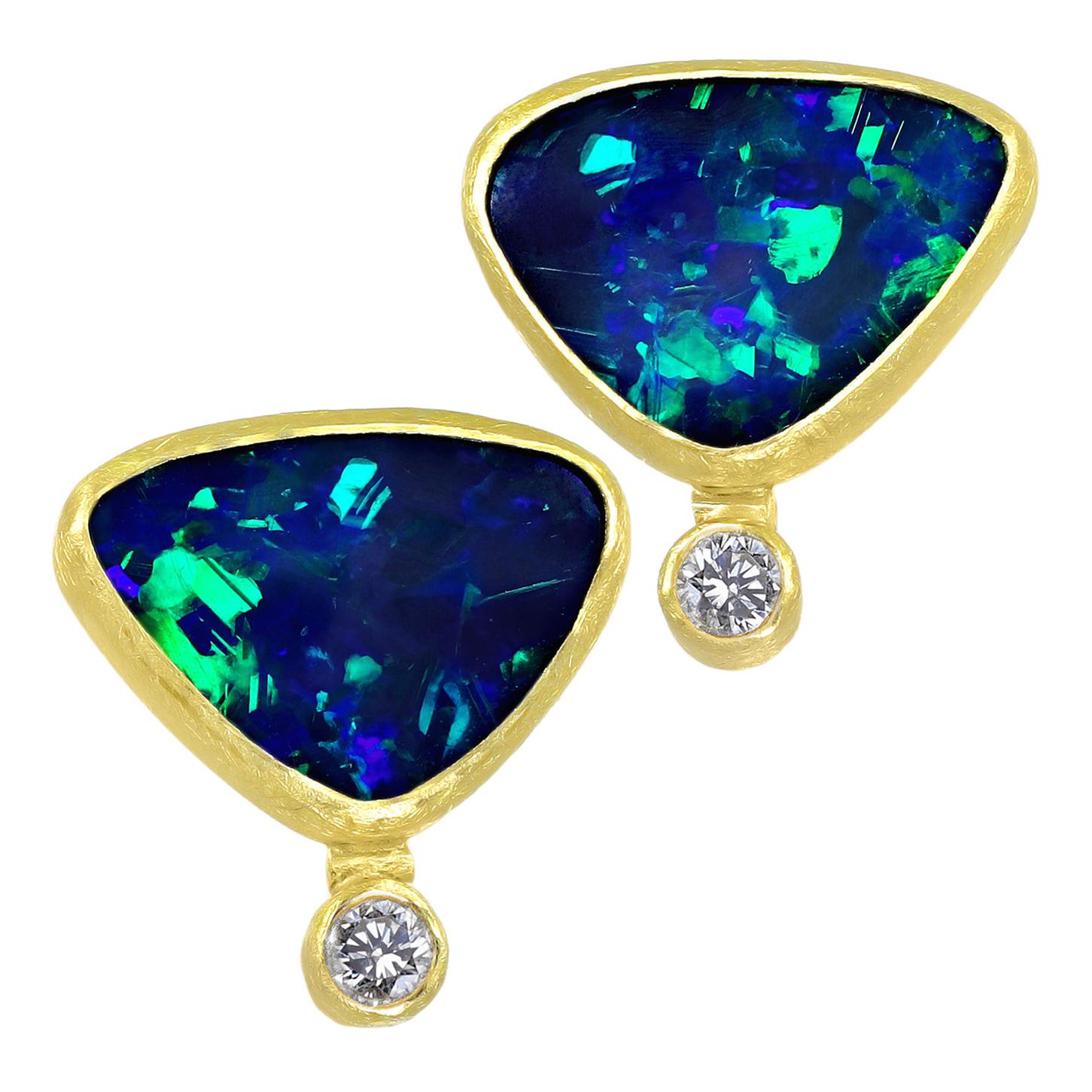 Petra Class Electric Flash Australian Opal Doublet Diamond Gold Stud Earrings