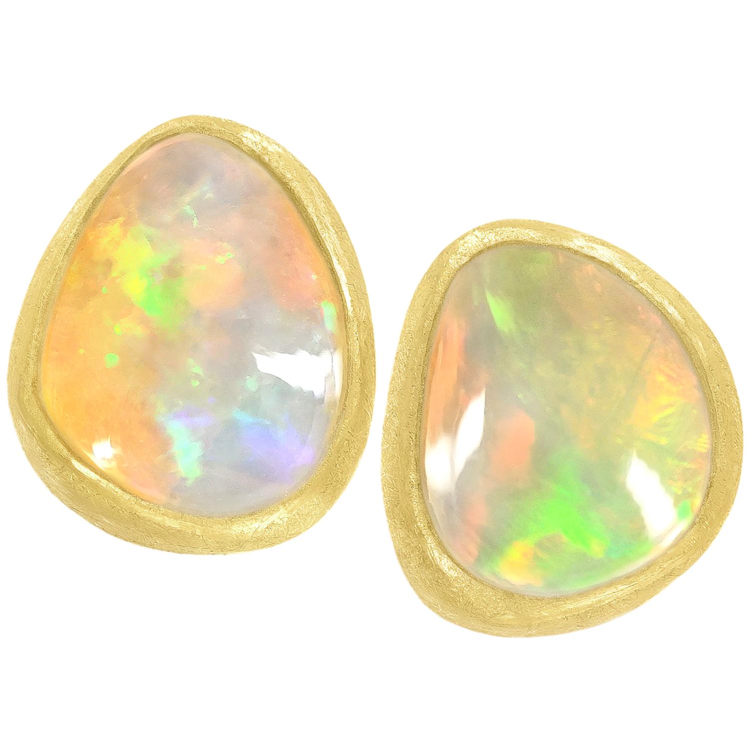 Petra Class Electric White Ethiopian Opal Gold Freeform Stud Earrings