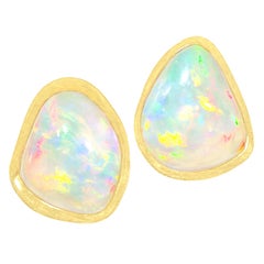 Petra Class Electrifying Pure White Ethiopian Opal Freeform Gold Stud Earrings