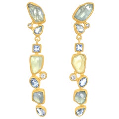 Petra Class Faceted and Rough Aquamarine White Diamond Gold Dangle Earrings