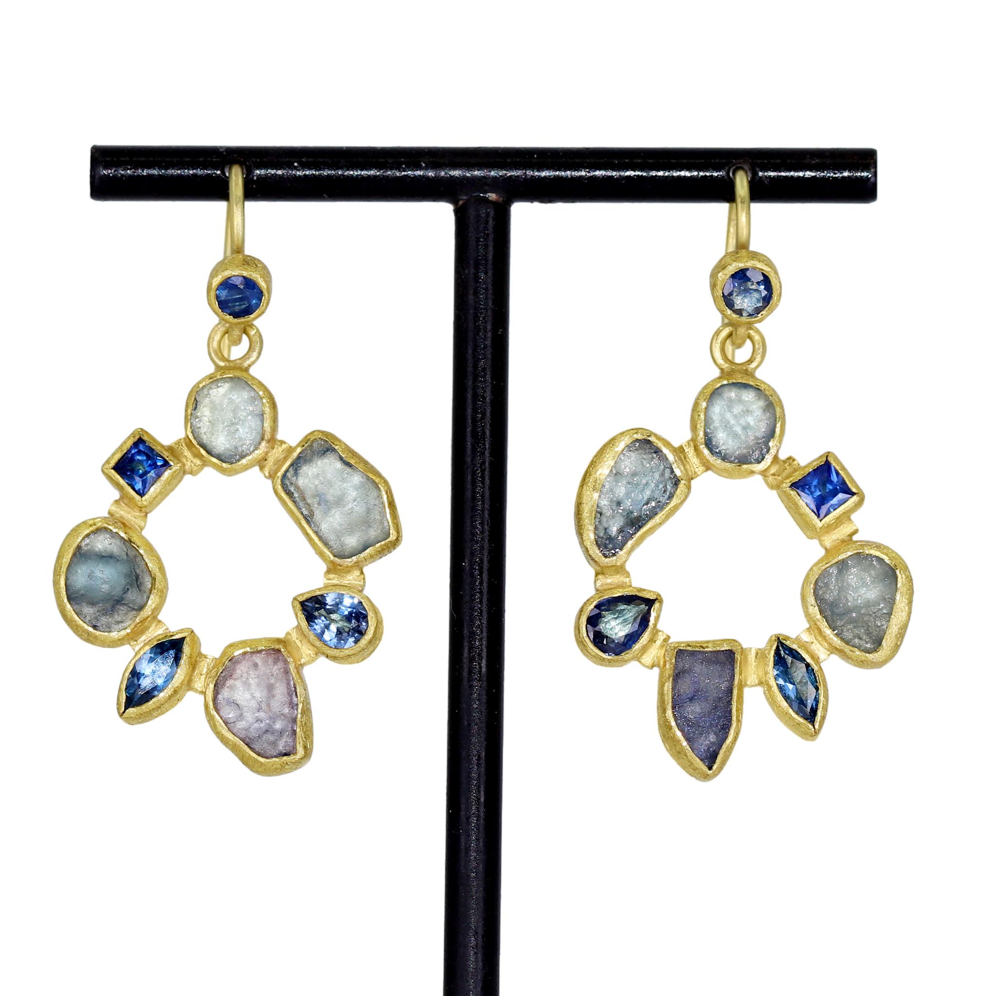 One of a Kind Radial Drop Earrings handcrafted by renowned jewelry maker Petra Class in signature-finished 22k yellow gold, featuring gorgeous faceted and rough natural blue Montana sapphires in an intricate open setting, and finished on round blue
