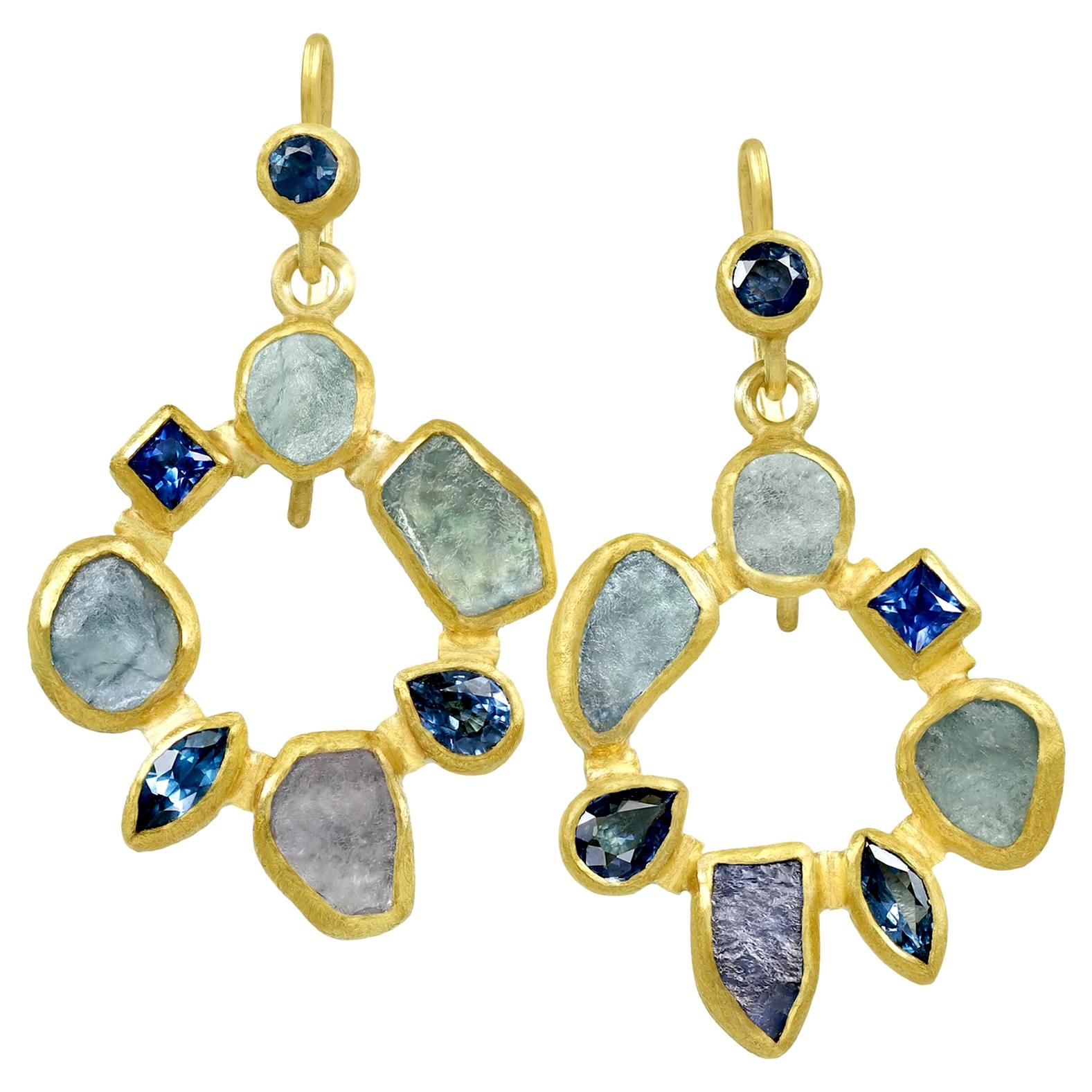 Petra Class Faceted and Rough Montana Sapphire 22k Gold Radial Drop Earrings