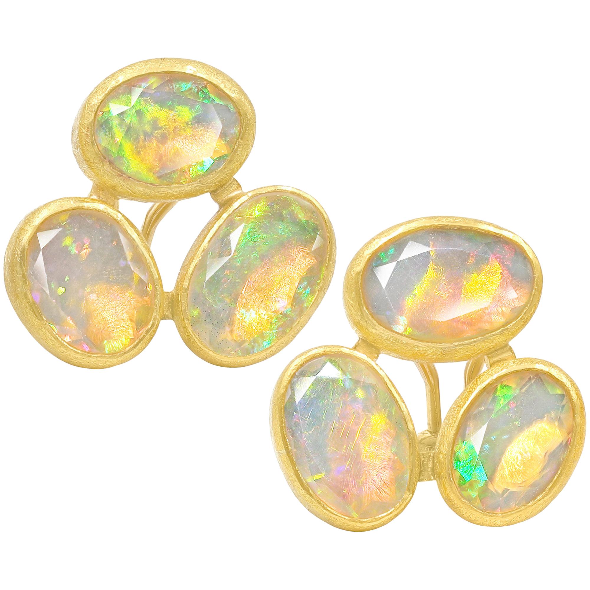 Petra Class Faceted Ethiopian Opal One of a Kind Gold Triple Stud Earrings