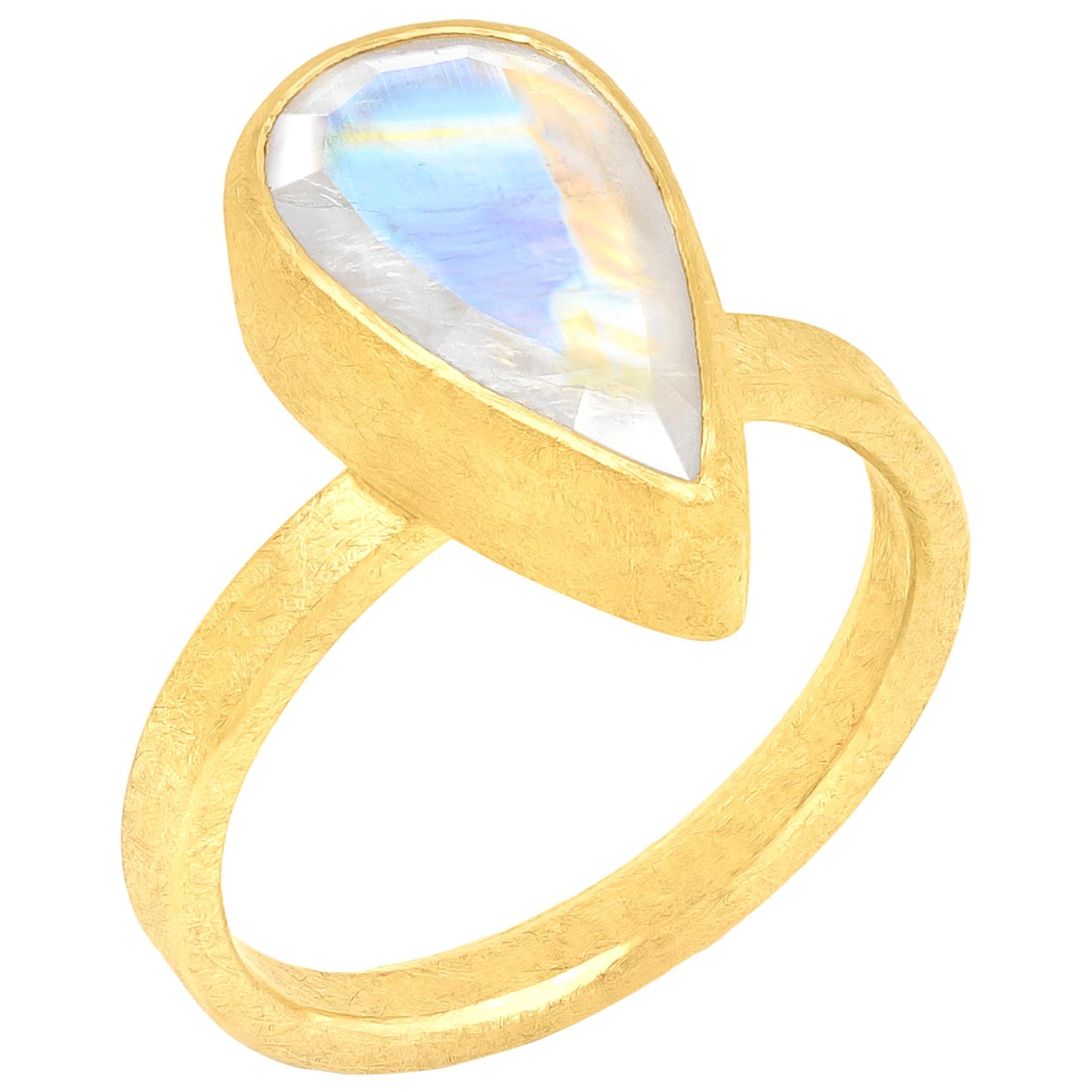 Petra Class Faceted Rainbow Moonstone Drop High Karat Yellow Gold Solitaire Ring