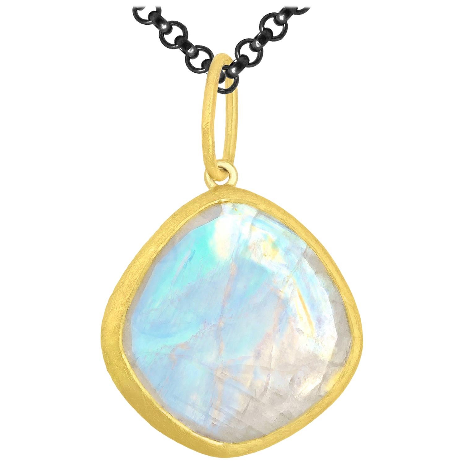 Petra Class Faceted Rainbow Moonstone One of a Kind 22k Gold Pendant Necklace