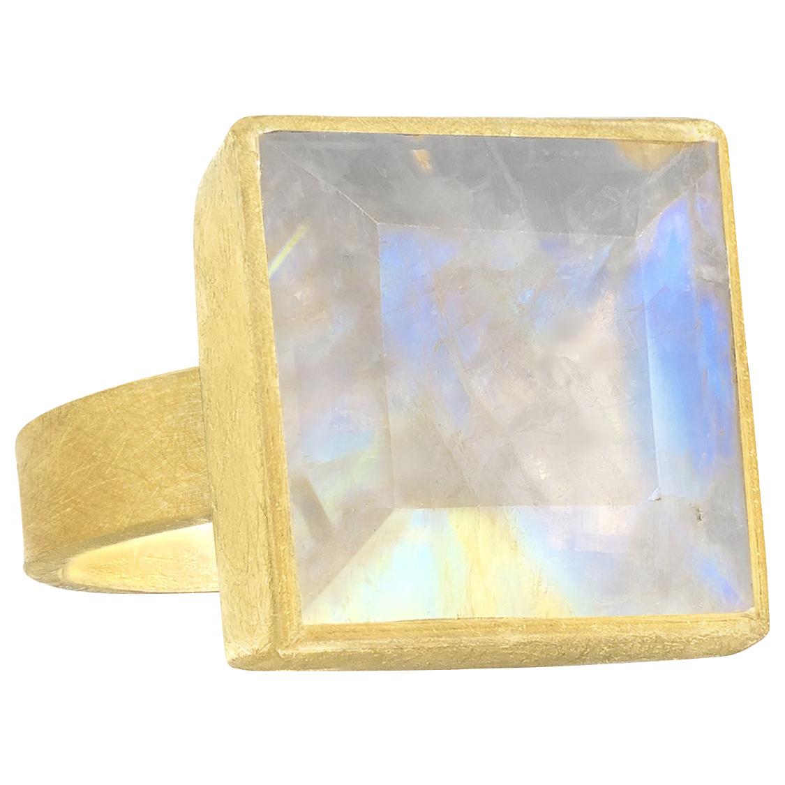 Petra Class Faceted Rainbow Moonstone One of a Kind High Karat Matte Gold Ring