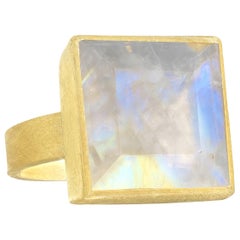 Petra Class Faceted Rainbow Moonstone One of a Kind High Karat Matte Gold Ring