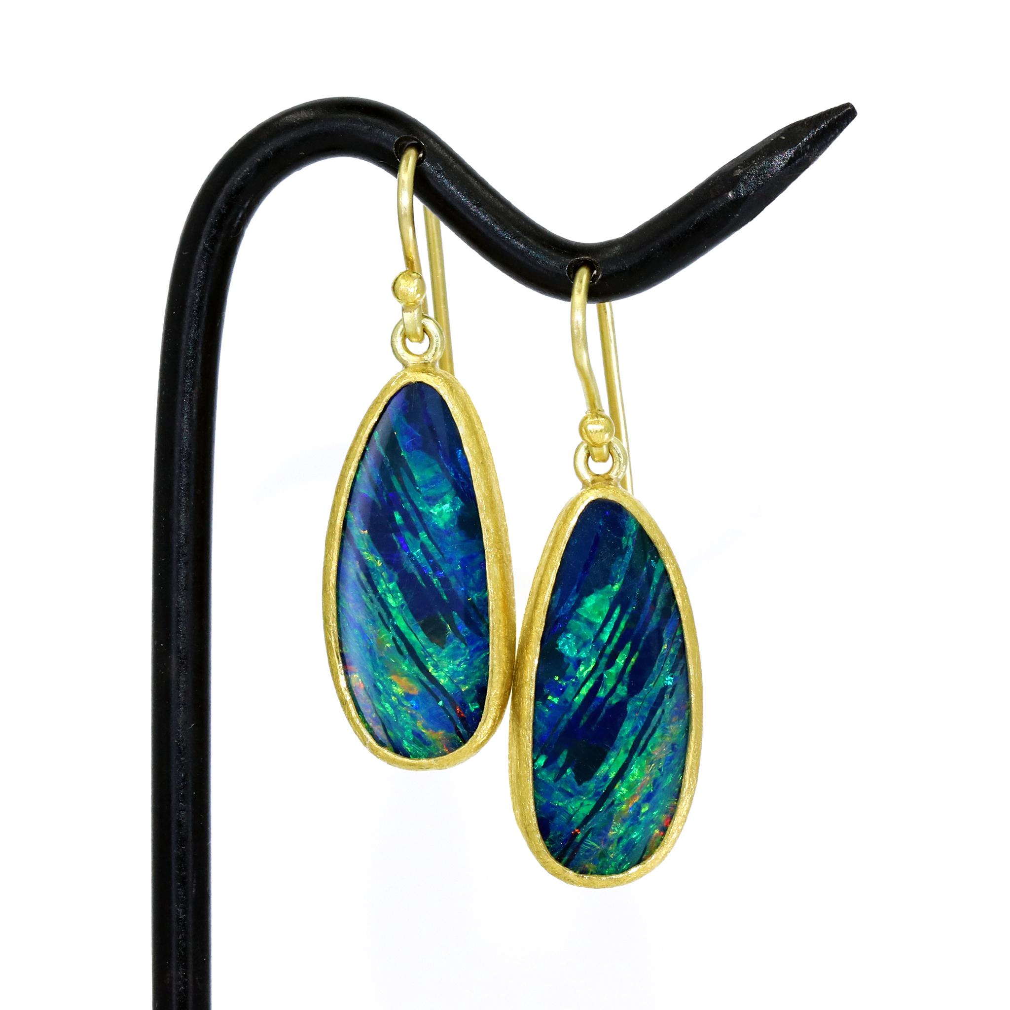 Dangle Earrings handcrafted by acclaimed jewelry maker Petra Class featuring a fantastic matched pair of deep blue Australian opal doublet with strong electric green fire complemented by flashes of red, orange, yellow, and violet, bezel-set in
