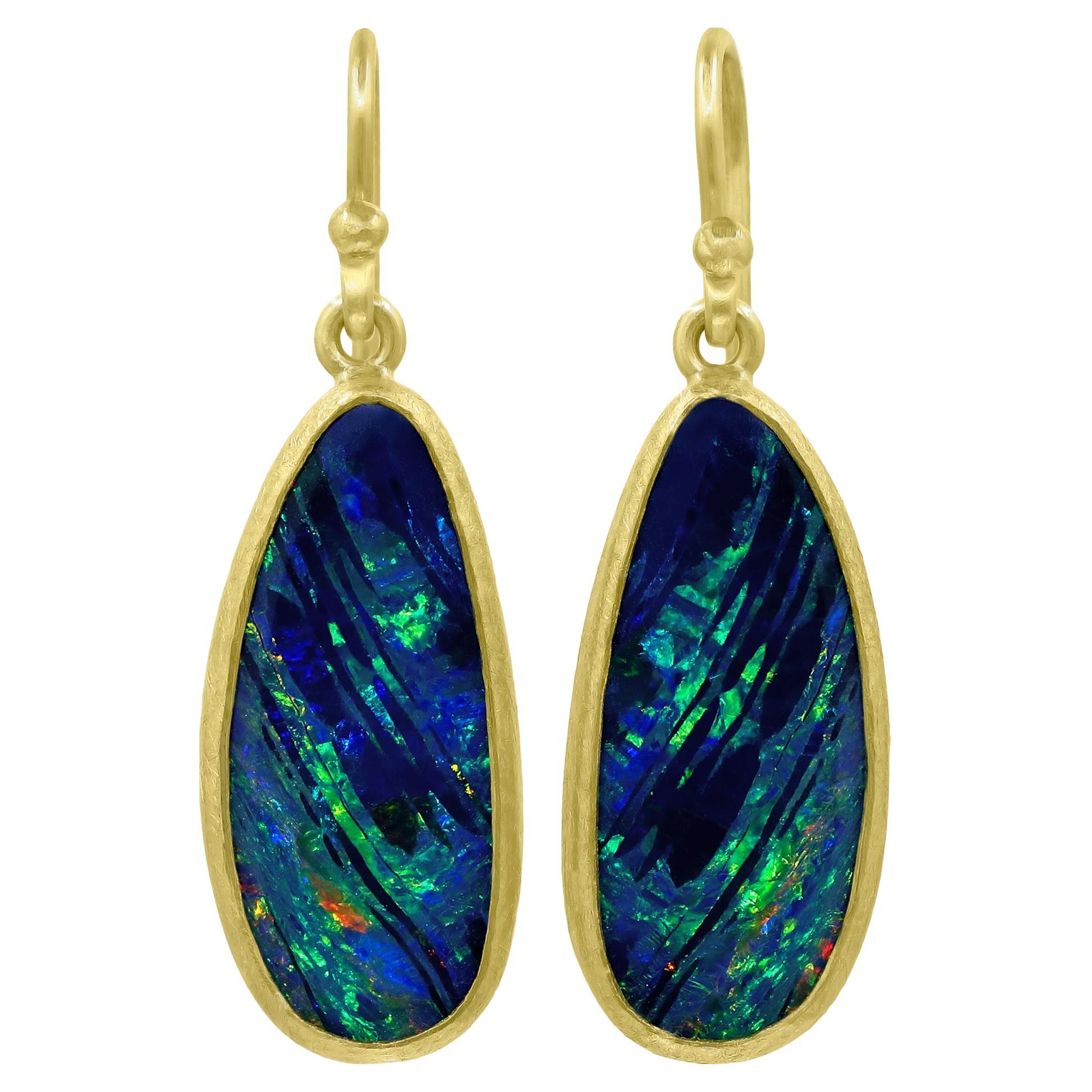 Petra Class Fiery Deep Blue Opal Doublet 22k Gold Dangle Drop Earrings