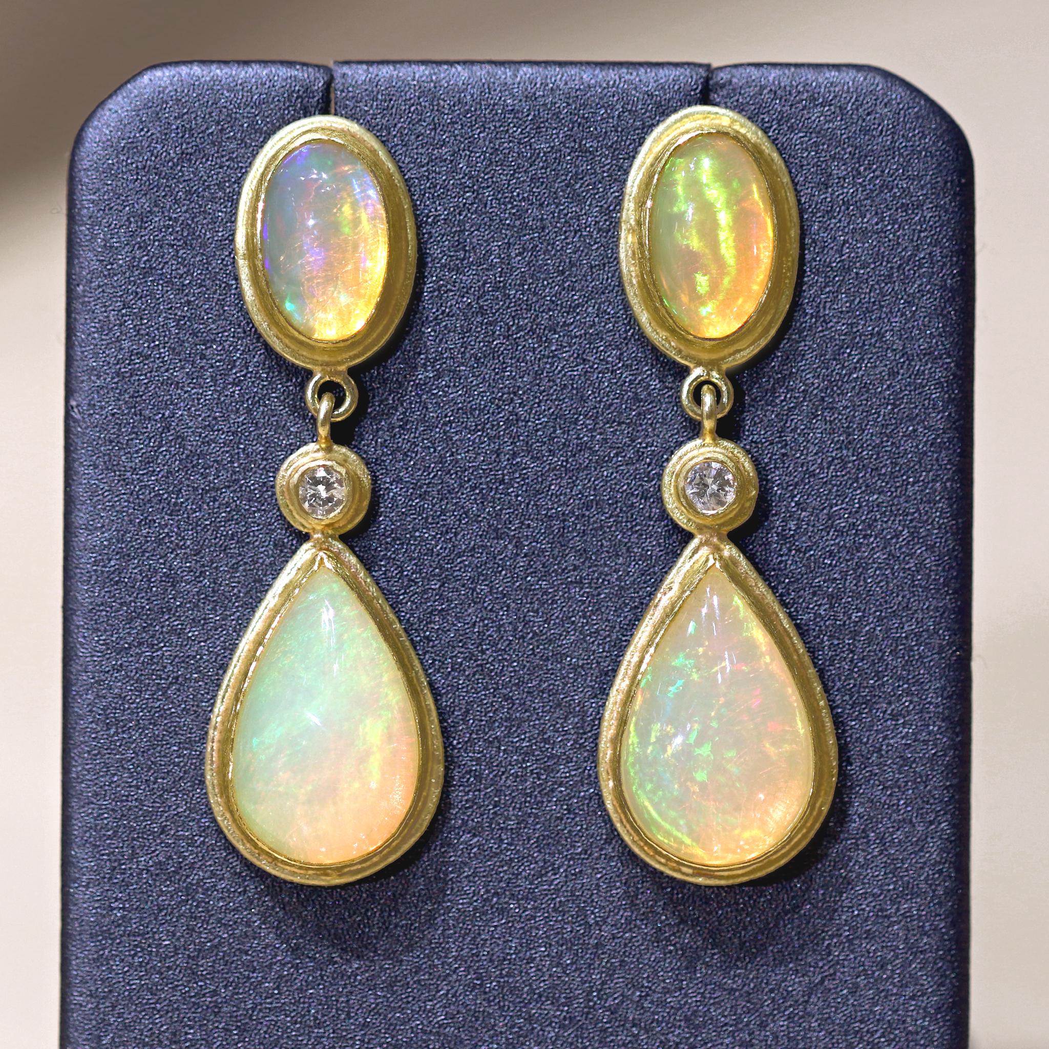 One of a Kind Fiery Ethiopian Opal and Diamond Drop Earrings hand-fabricated by jewelry maker Petra Class showcasing 6.5 total carats of beautifully matched, very fiery white opal cabochons and accented by round brilliant-cut white diamonds. Each