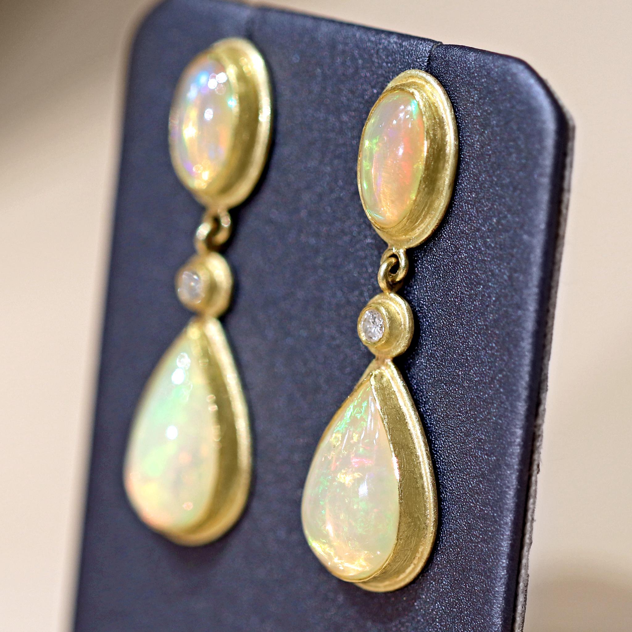 Artist Petra Class Fiery Ethiopian Opal White Diamond Dangle Drop Earrings