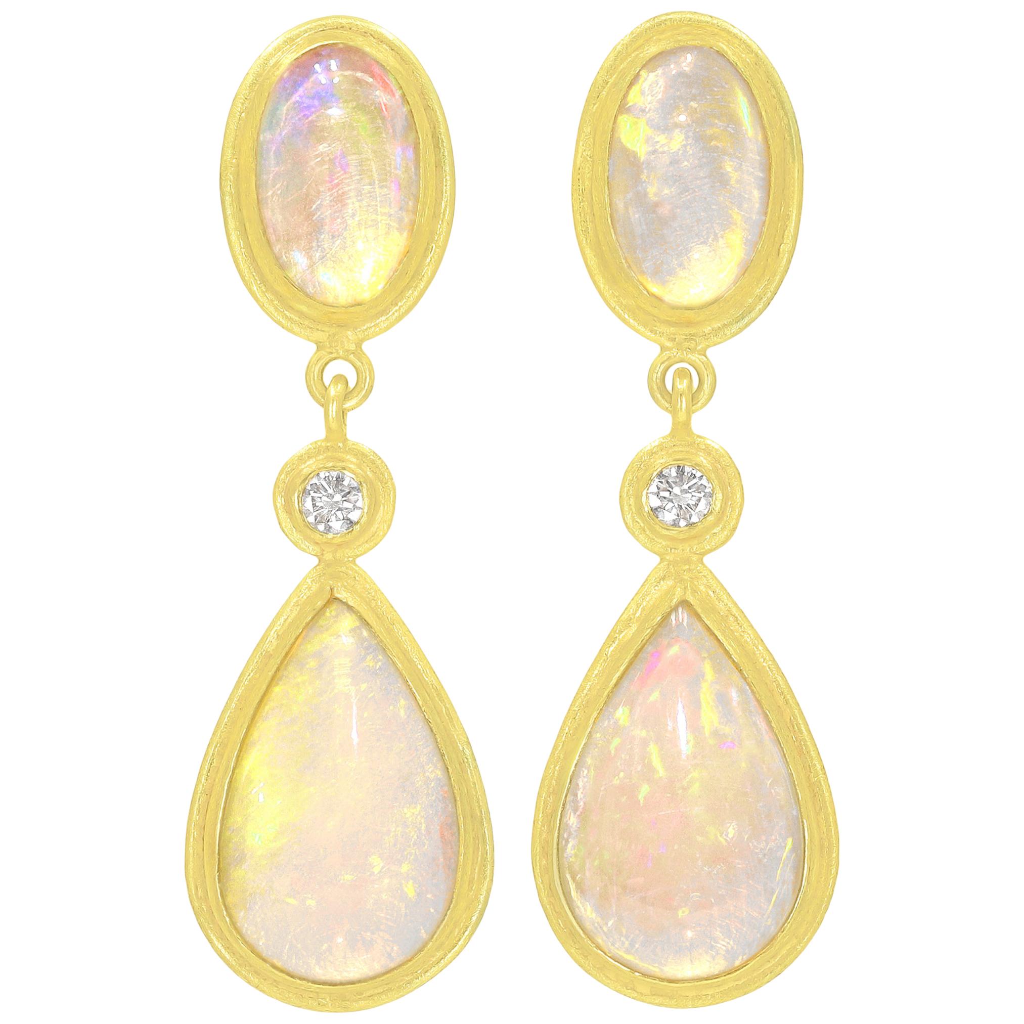 Petra Class Fiery Ethiopian Opal White Diamond Dangle Drop Earrings