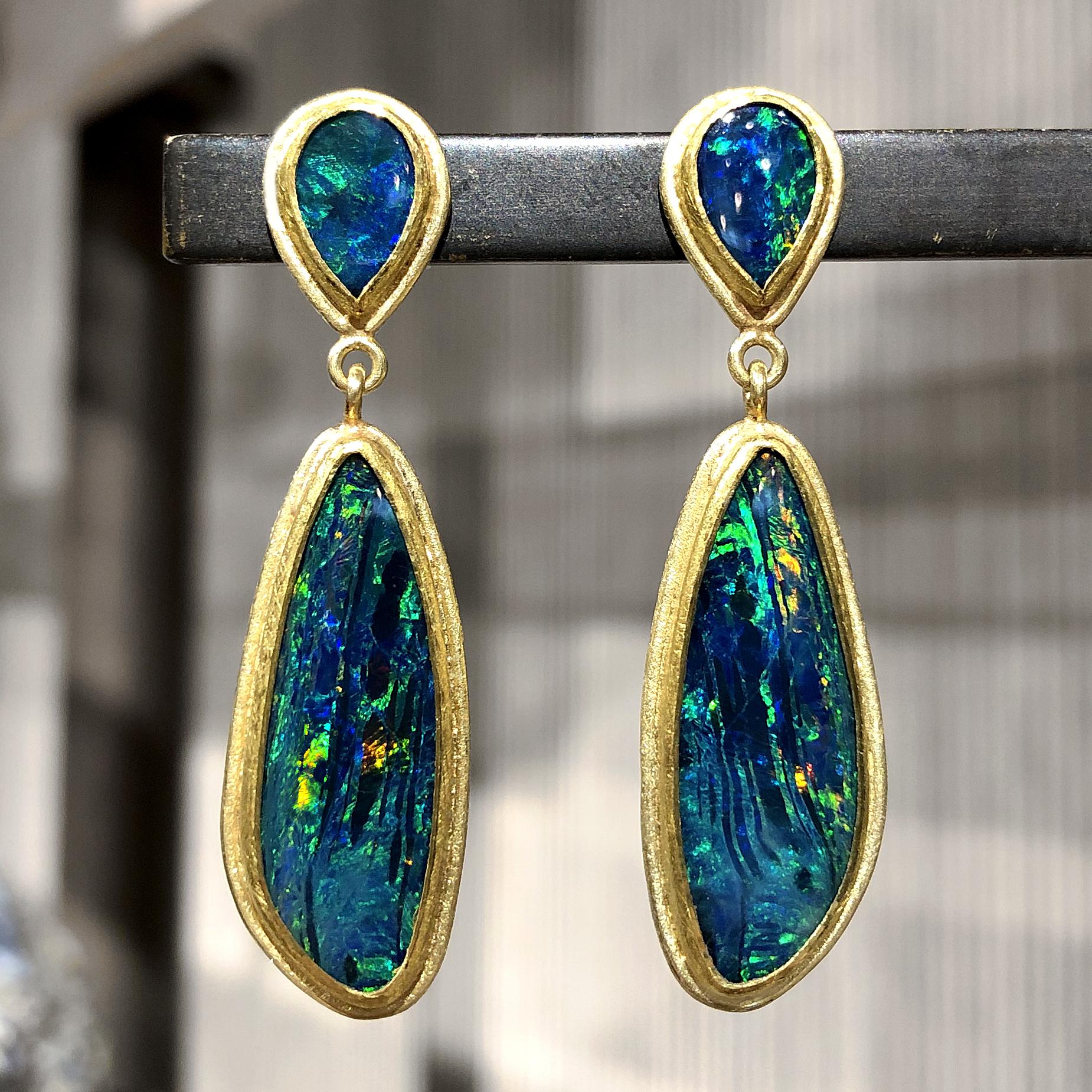 One of a Kind Dangle Drop Earrings handmade by acclaimed jewelry artist Petra Class in signature finely-textured 22k yellow gold featuring four spectacular matched deep blue Australian opal doublets, showcasing exceptional color-play with primary