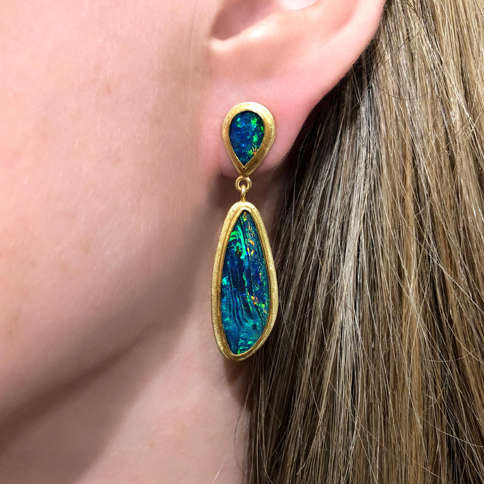 Artisan Petra Class Fiery Multicolored Opal Doublet One of a Kind Framed Drop Earrings