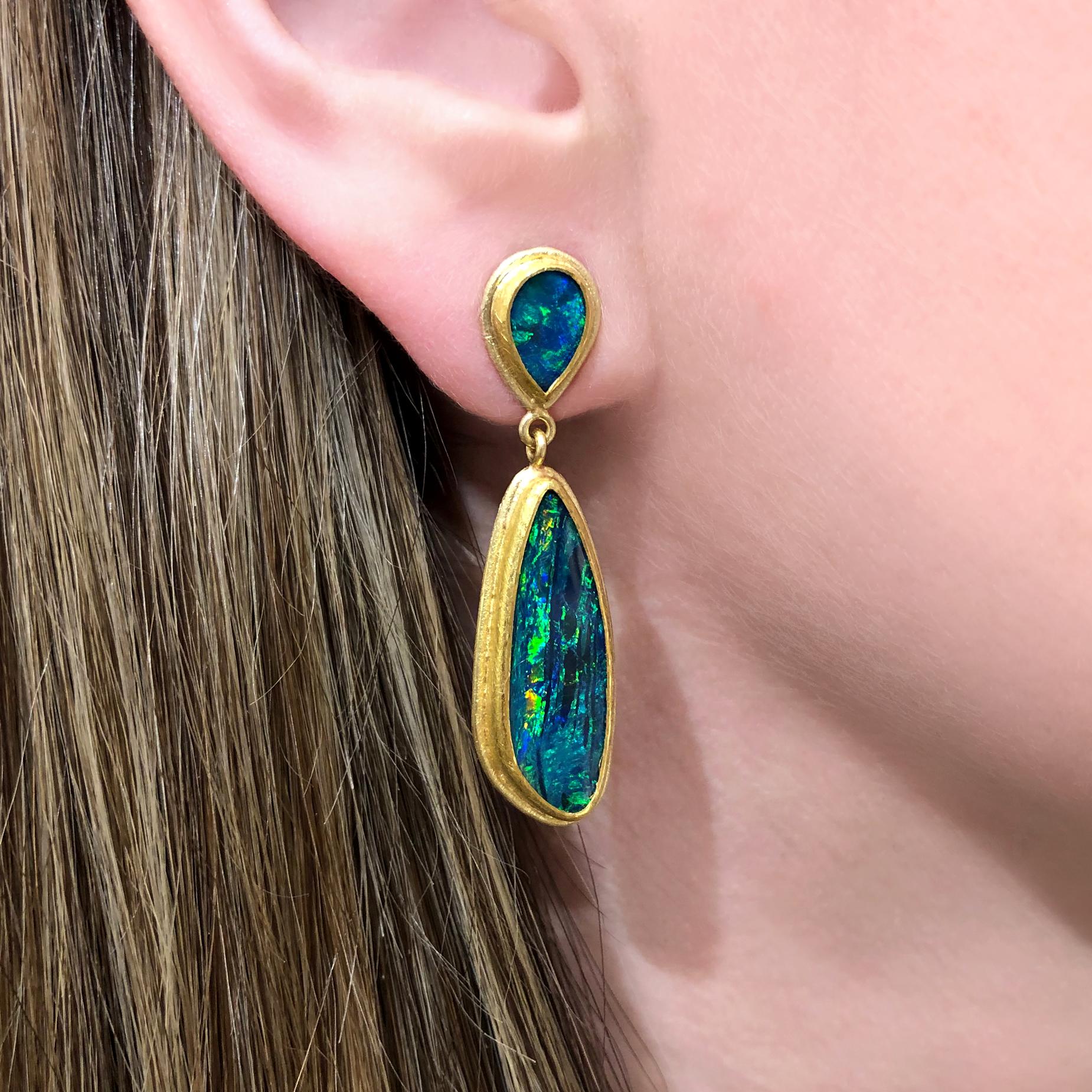 Petra Class Fiery Multicolored Opal Doublet One of a Kind Framed Drop Earrings In New Condition In Dallas, TX