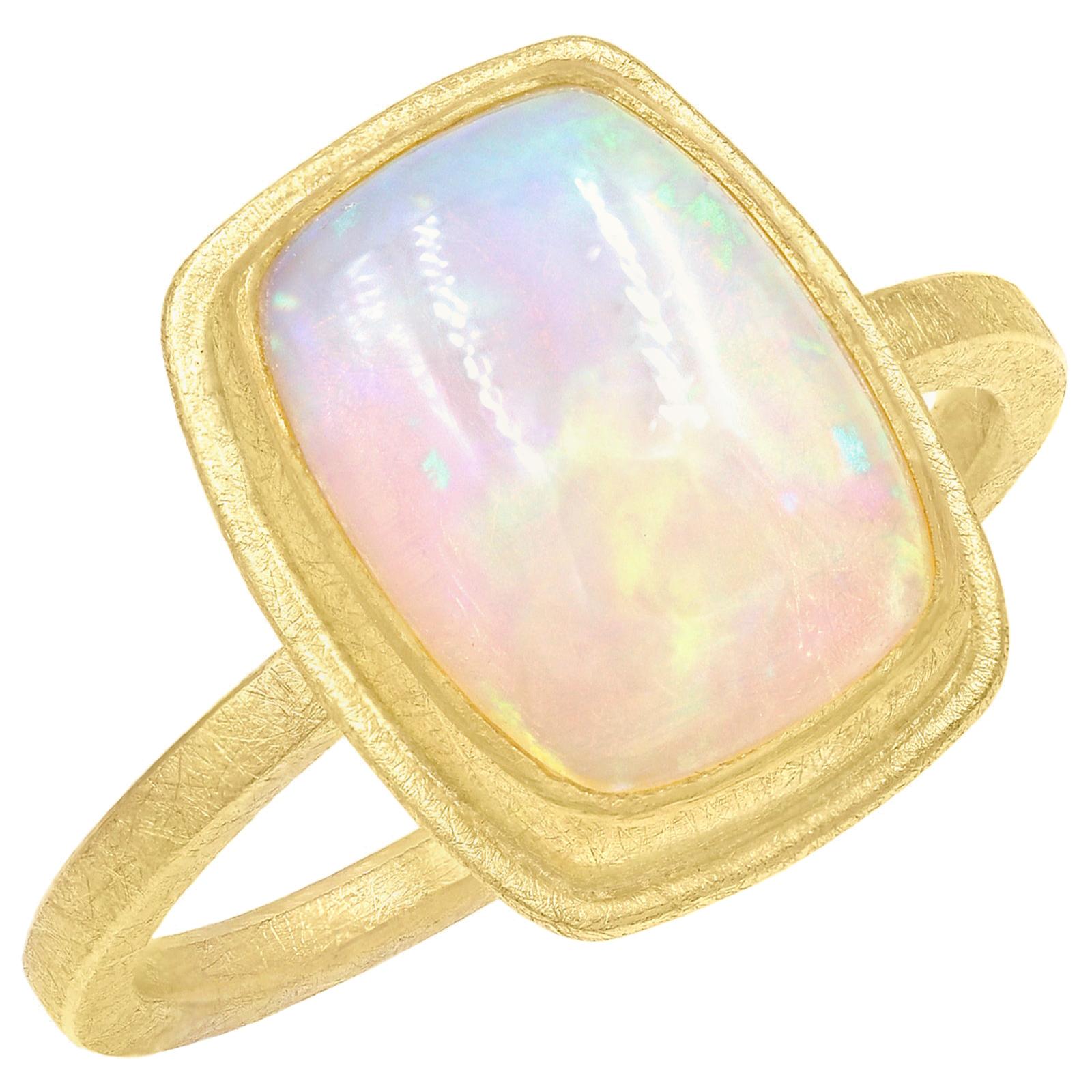 Petra Class Fiery Rainbow Ethiopian White Opal Cabochon Framed Matte Gold Ring