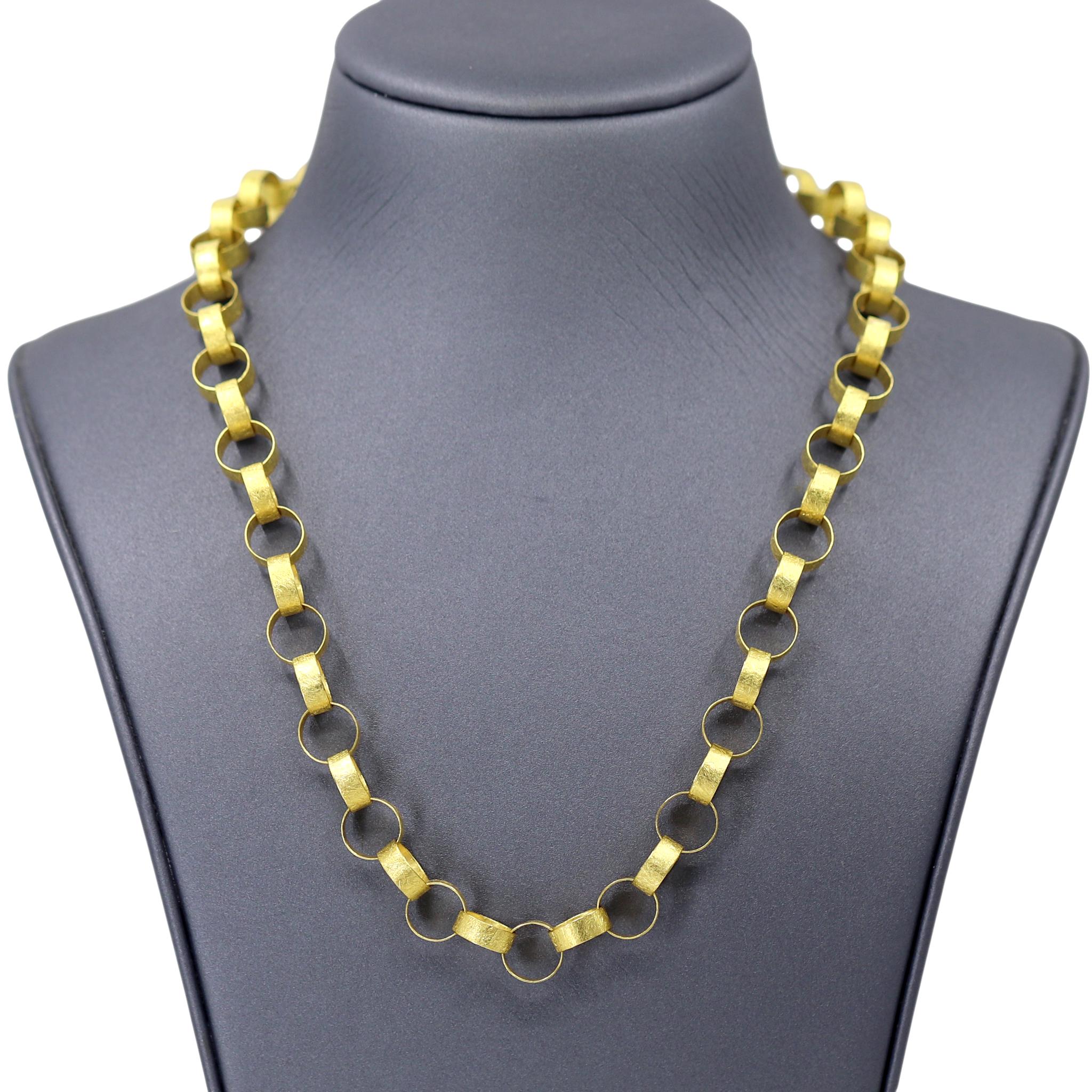 Heavy Round Paper Chain Link Necklace handmade by jewelry artist Petra Class featuring fifty-five individually and intricately hand-fabricated 22k yellow gold links highlighted by the artist's signature finish. The artisan chain measures 18 inches