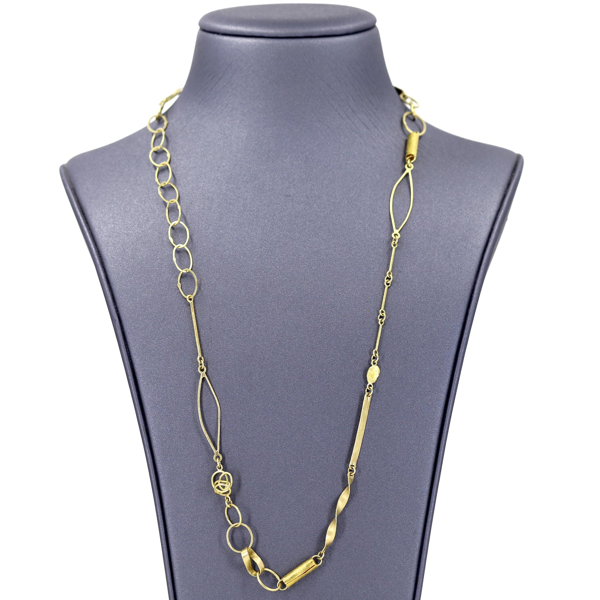 One of a Kind Mix 'n Mingle Chain hand-fabricated by jewelry maker Petra Class featuring a spectacular assortment of the artist's signature 18k yellow gold and 22k yellow gold links intricately laid out and connected to optimize wearability in
