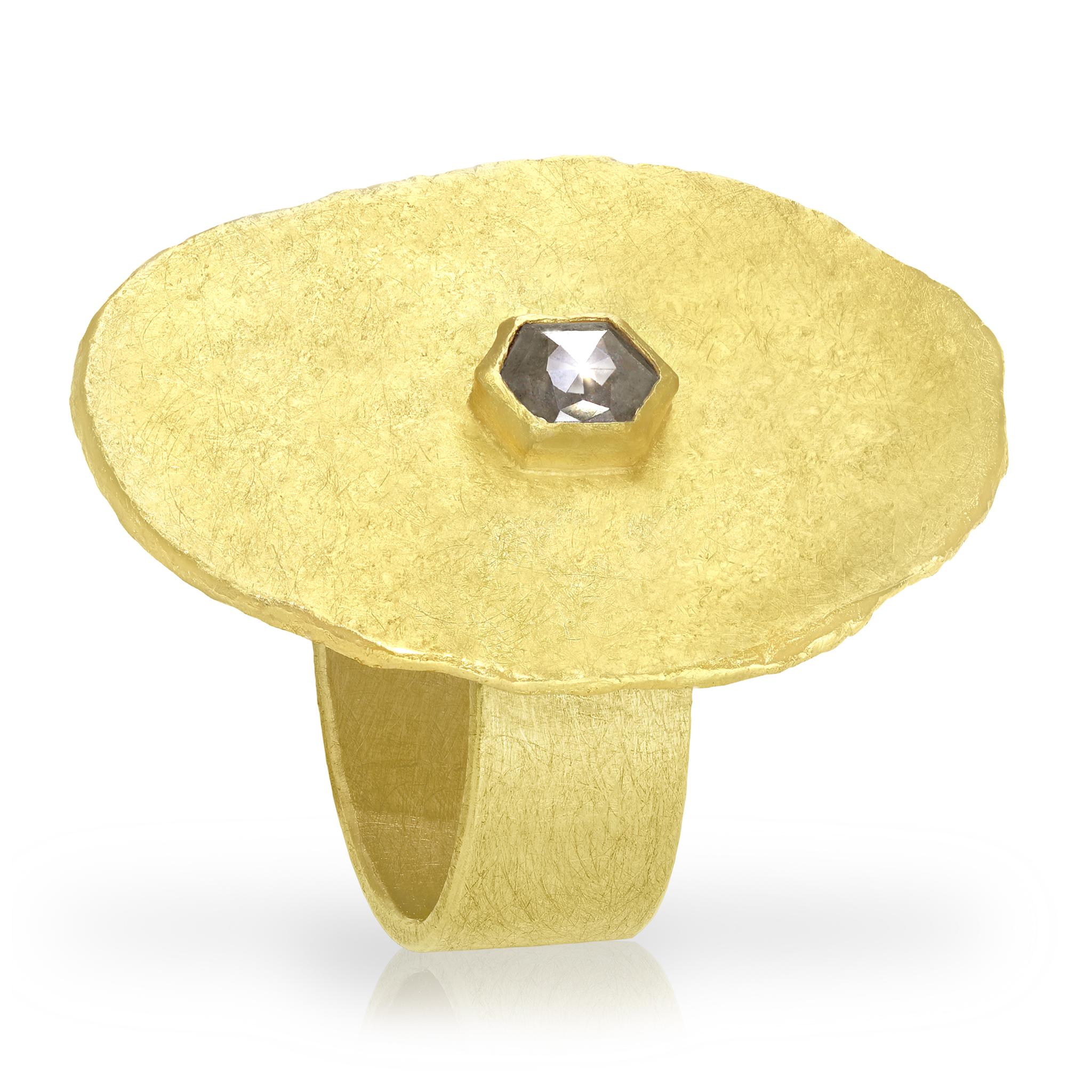 Golden Slab Ring hand-fabricated by acclaimed jewellery maker Petra Class featuring a shimmering 0.50 carat hexagonal rose-cut diamond bezel-set atop an intricately-finished 22k yellow gold slab and finished atop a 7mm wide 18k yellow gold band.
