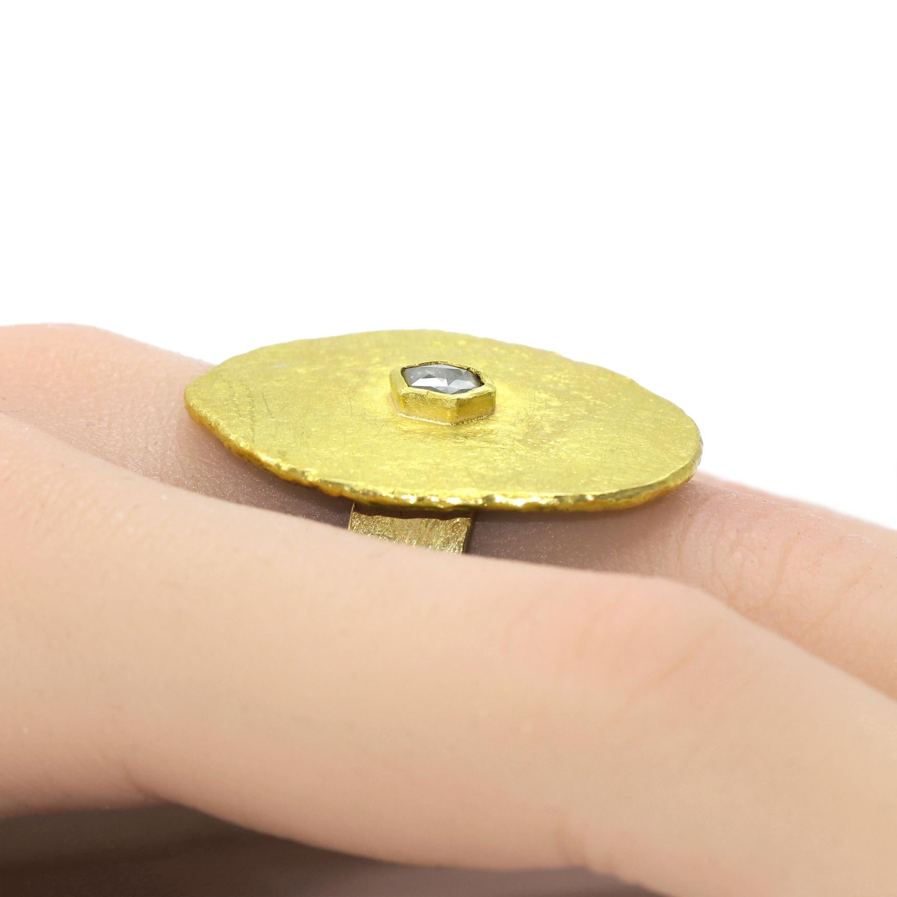 Contemporary Petra Class Hexagonal Rose-Cut Diamond High Karat Gold Solitaire Slab Ring