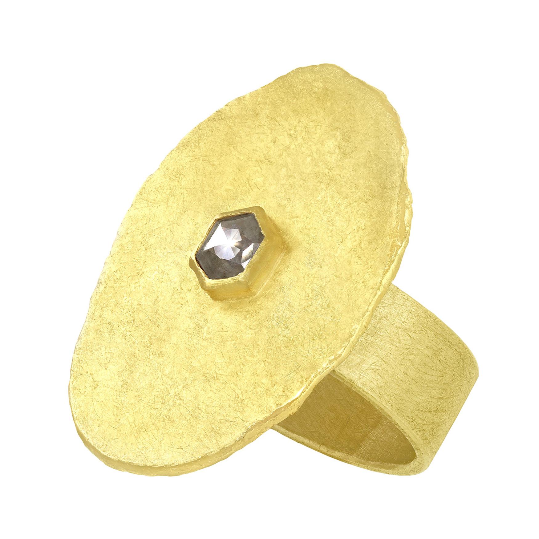 Petra Class Hexagonal Rose-Cut Diamond High Karat Gold Solitaire Slab Ring