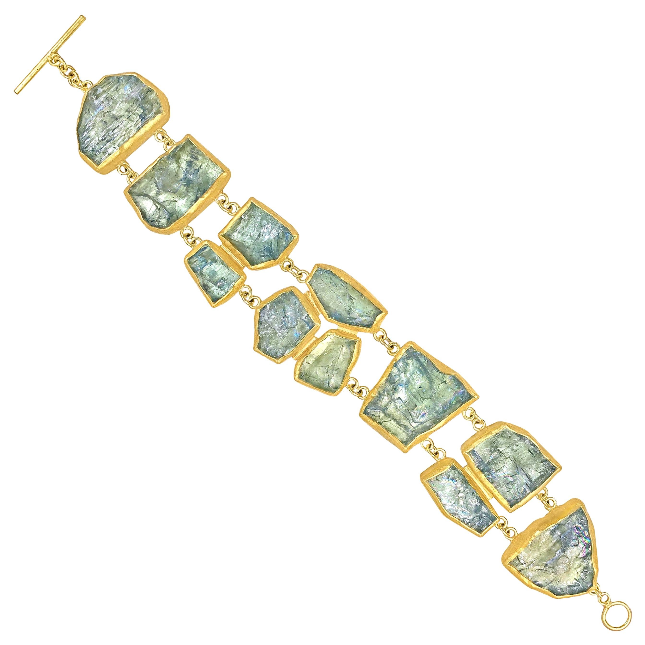 Petra Class Iridescent Aquamarine One of a Kind Double Row Gold Bracelet