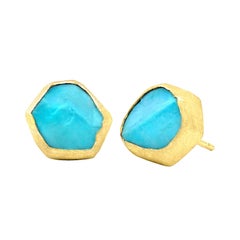 Petra Class Natural Rough Turquoise Matte Gold Stud Earrings