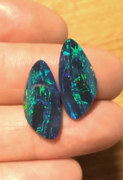Petra Class Neon Green Flash Blue Opal Doublet Gold Dangle Drop Earrings