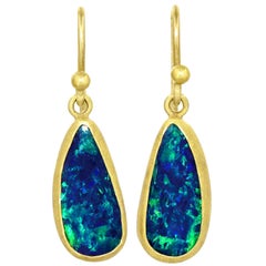 Petra Class Neon Green Flash Blue Opal Doublet Gold Dangle Drop Earrings