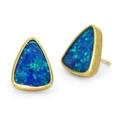 Petra Class Neon Green Flash Blue Opal Doublet Gold Stud Earrings